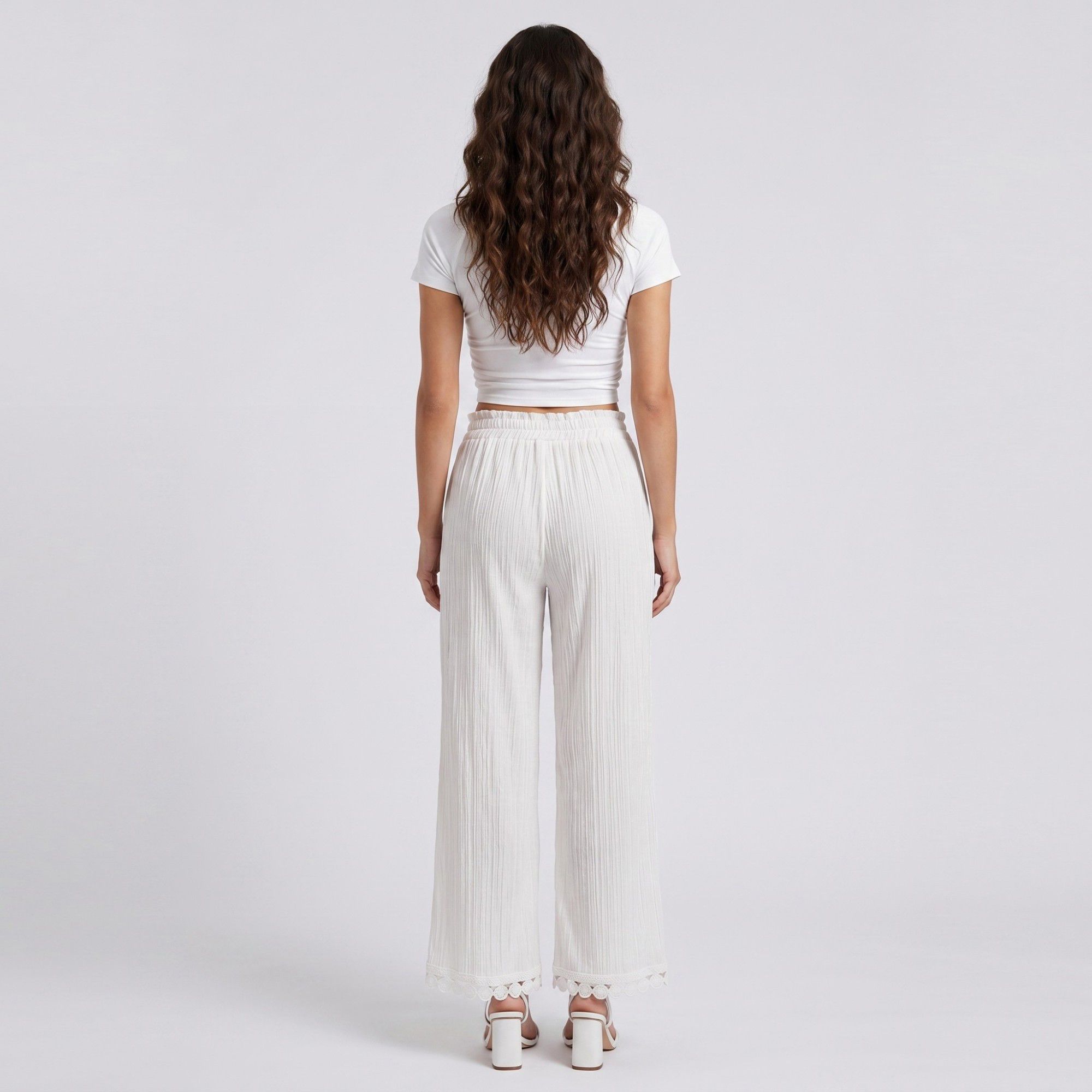 White Crinkle Wide Leg Pants Elastic Drawstring Waist Lace Trim Boho Trousers