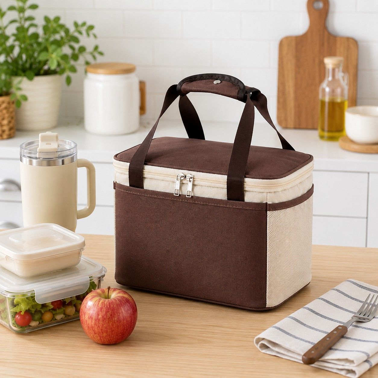 Insulated Lunch Tote Bag with Front Pocket Mesh Side Pockets and Dual Zipper