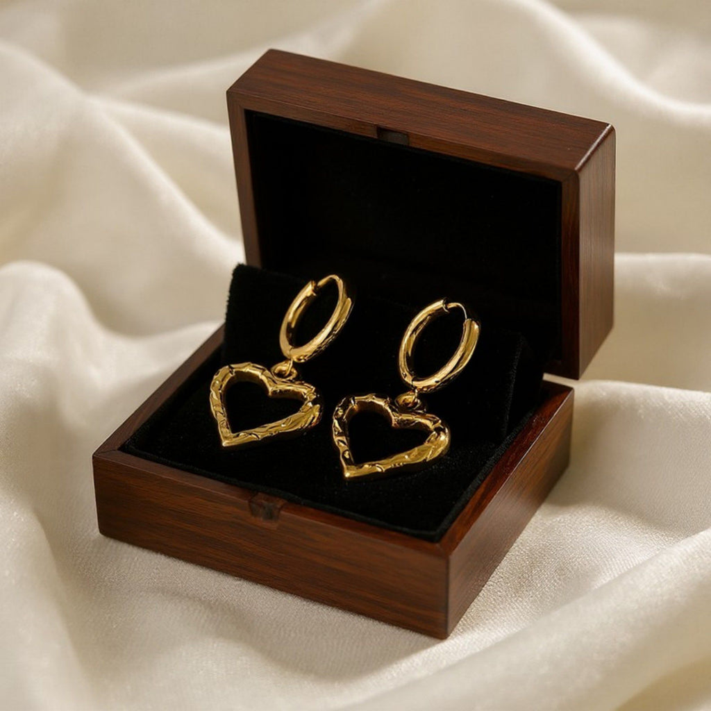 Heart Drop Hoop Earrings with Textured Open Heart Charm Feminine Jewelry