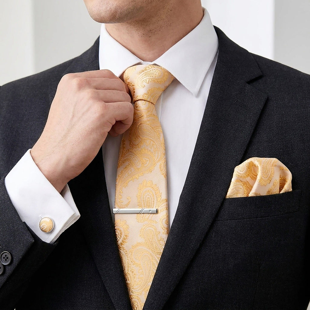 Men's Floral Print Tie Gift Set with Matching Pocket Square Cufflinks and Silver Tie Clip