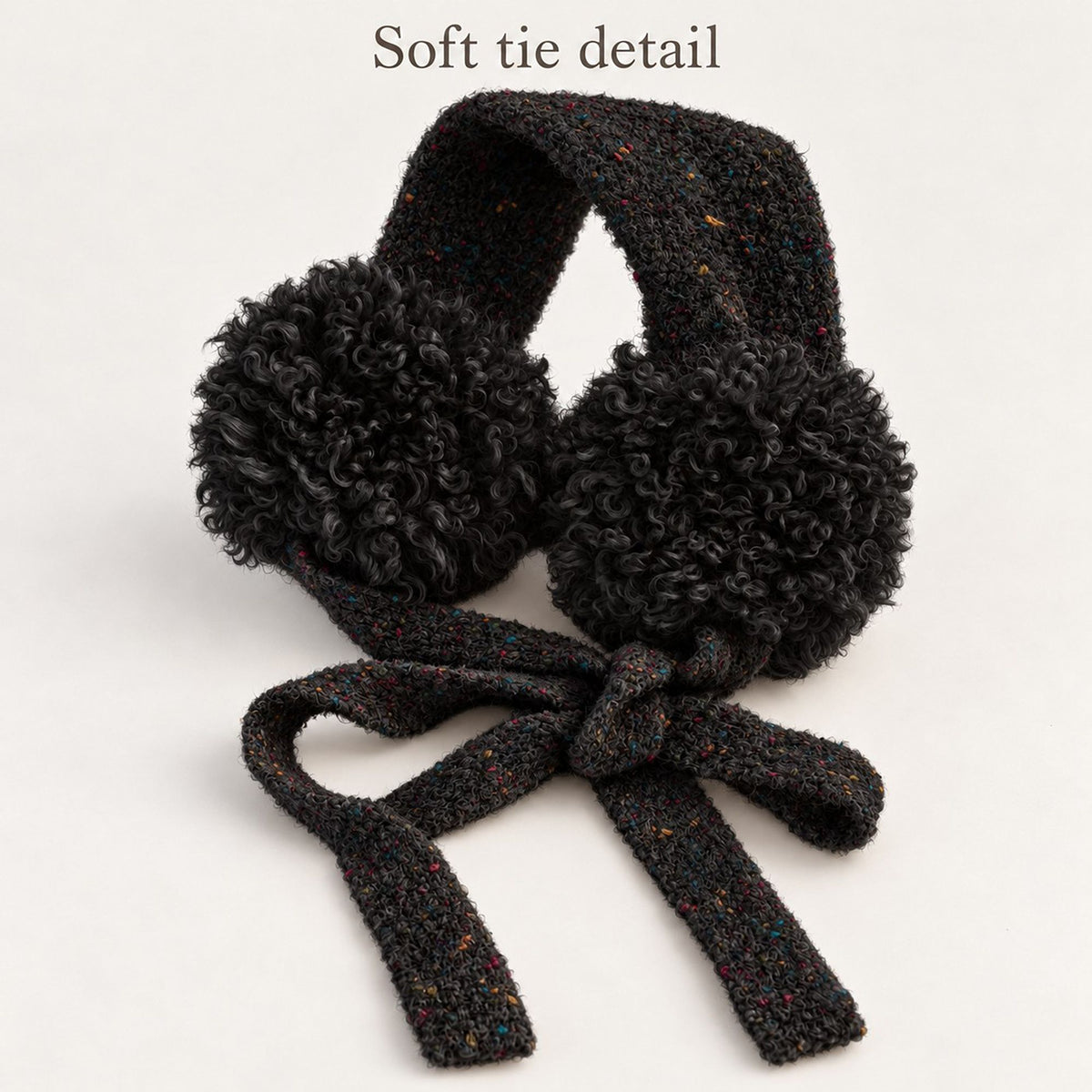 Curly Plush Winter Earmuffs with Speckled Knit Ties