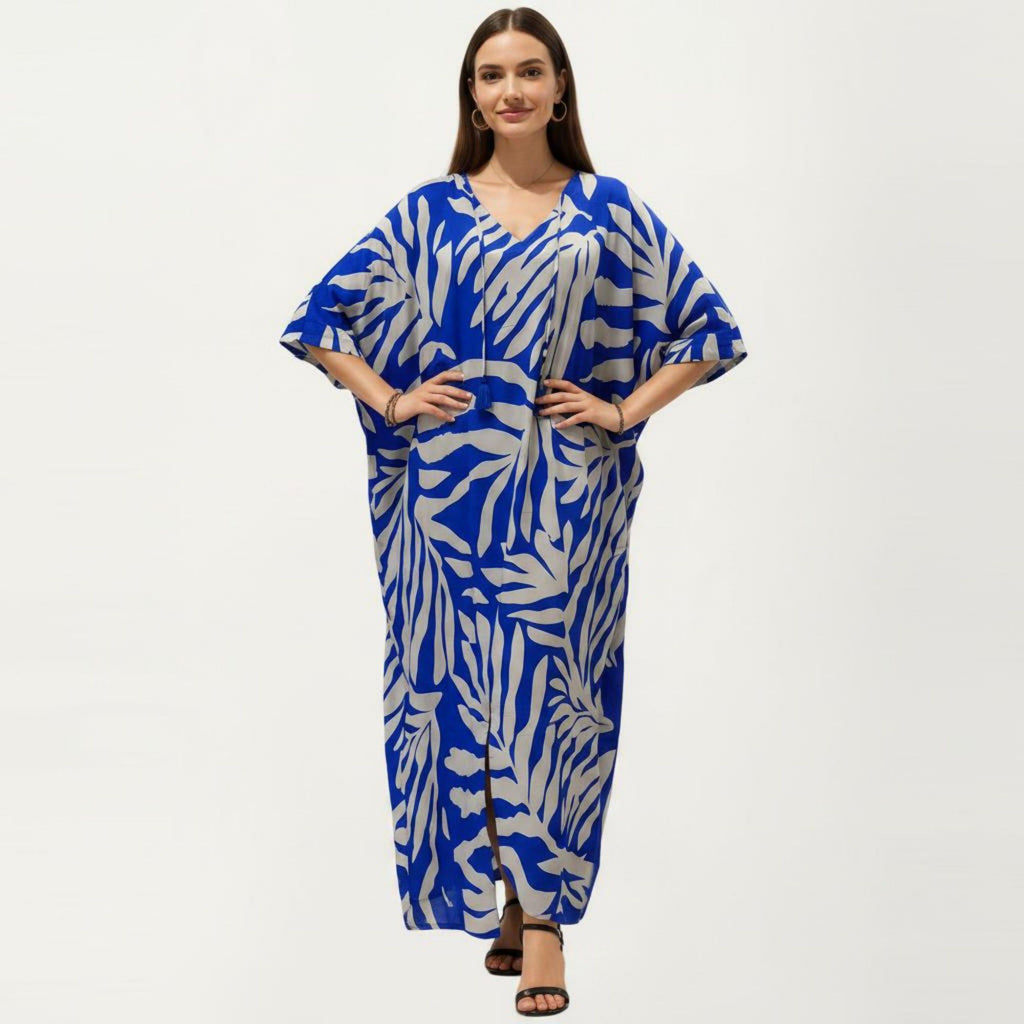 Anna-Kaci Women's Tropical Leaf Print Kaftan Maxi Dress with V-Neckline and Flowy Oversized Silhouette
