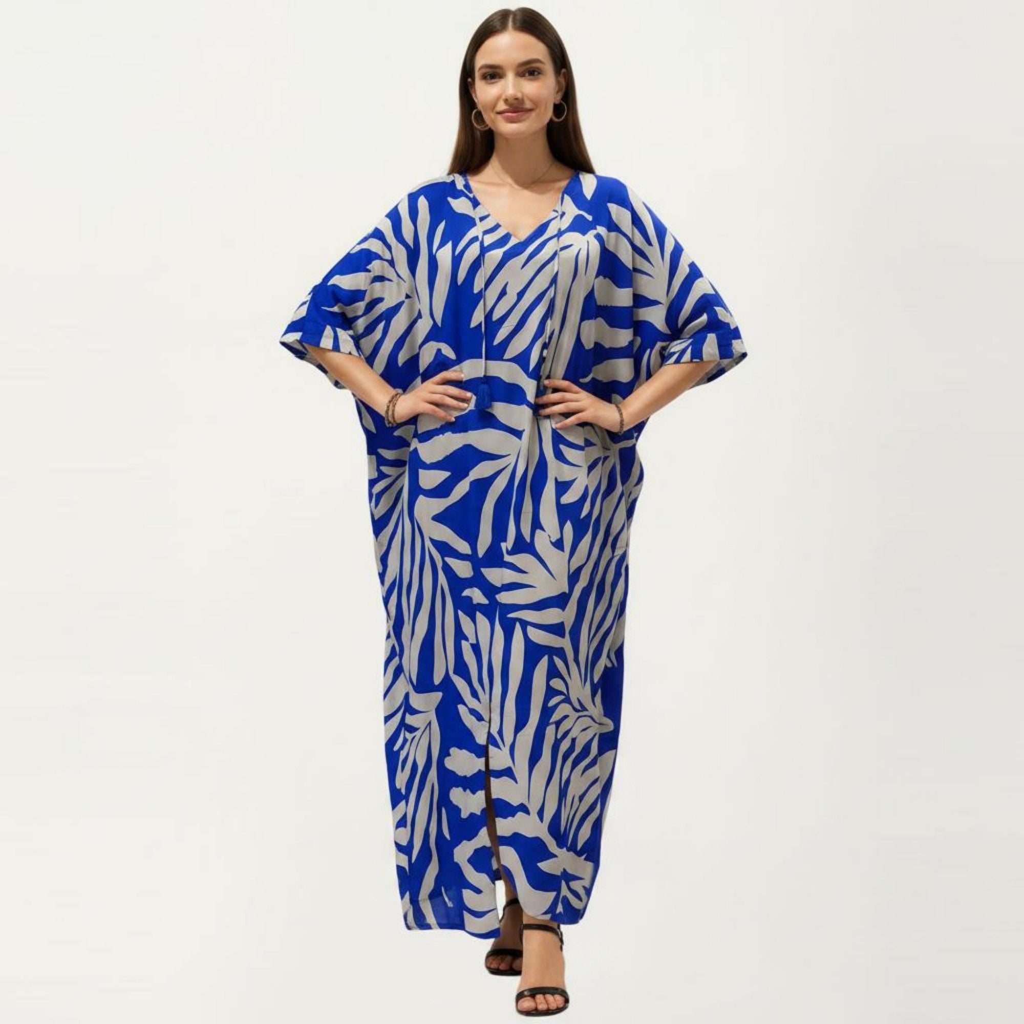 Anna-Kaci Women's Tropical Leaf Print Kaftan Maxi Dress with V-Neckline and Flowy Oversized Silhouette