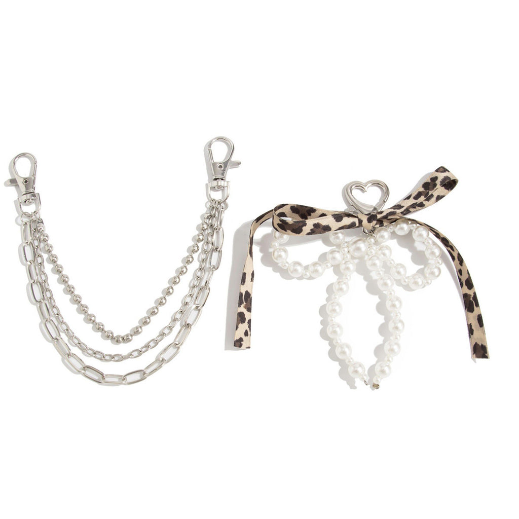 Pearl Bow Chain Bag Charm with Leopard Ribbon Layered Silver Tone Clips for Bags and Jeans
