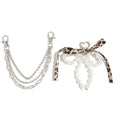 Pearl Bow Chain Bag Charm with Leopard Ribbon Layered Silver Tone Clips for Bags and Jeans