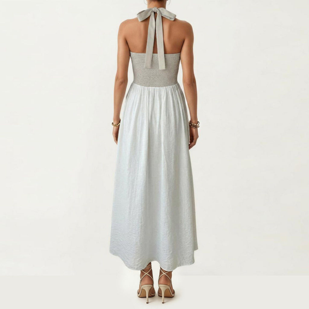 Anna-Kaci Women's Color Block Halter Neck Smocked Back Maxi Dress