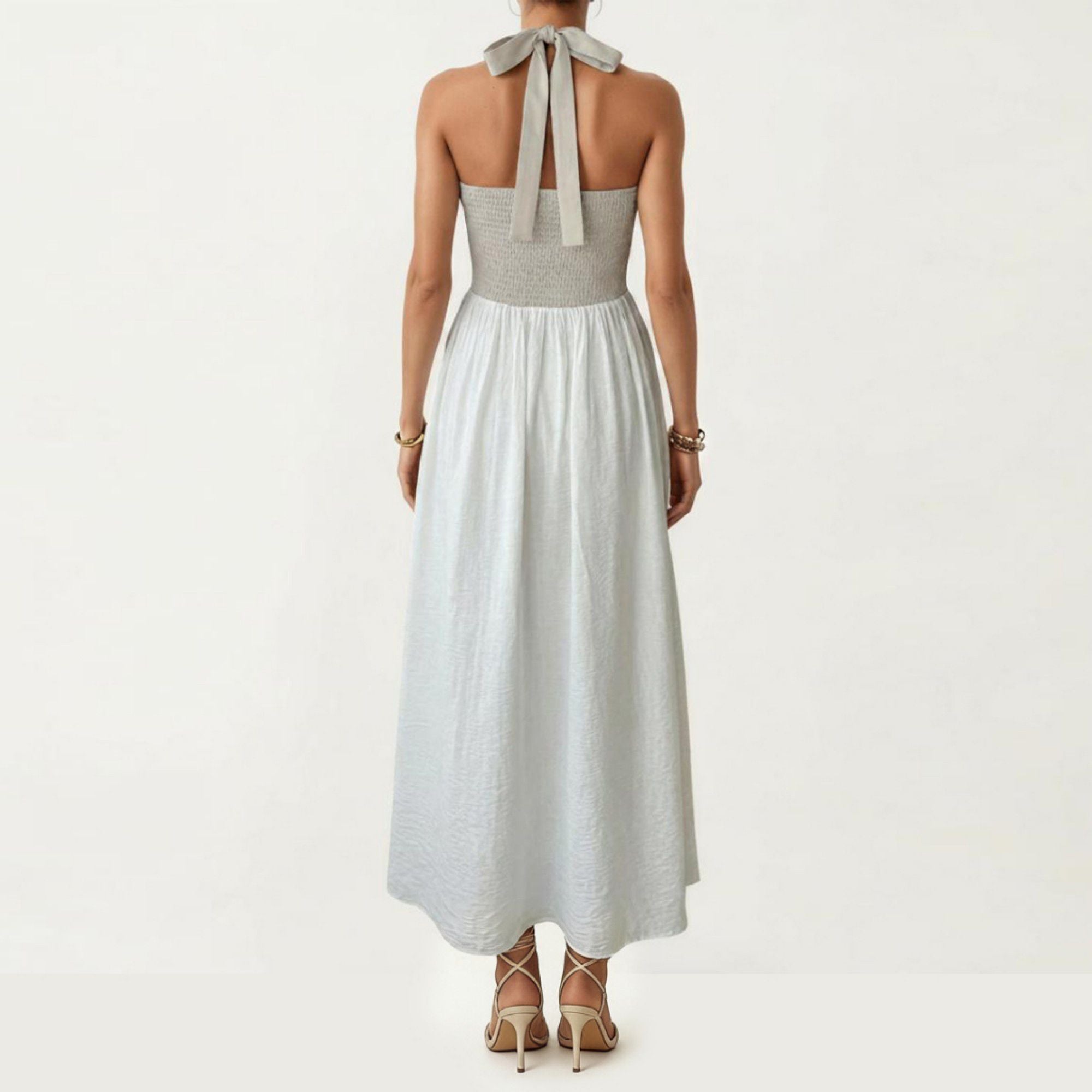 Anna-Kaci Women's Color Block Halter Neck Smocked Back Maxi Dress