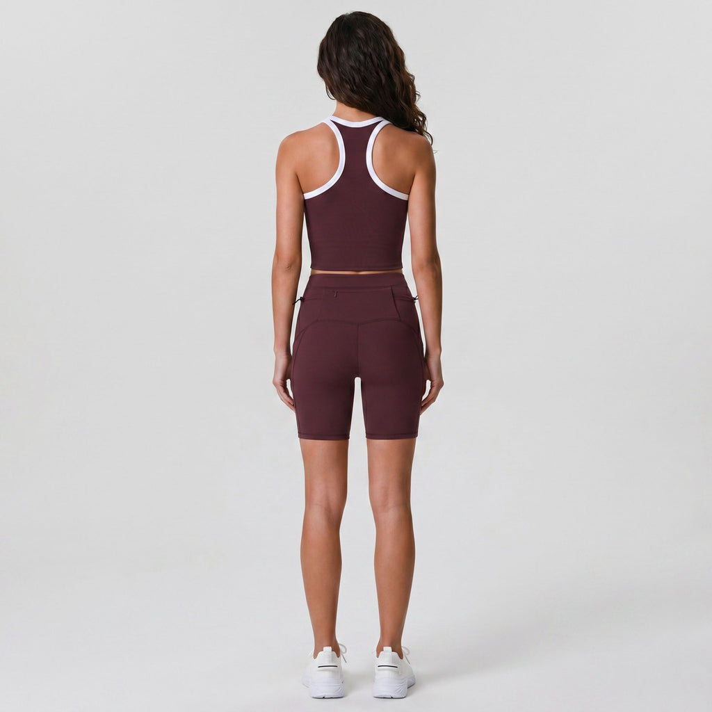 Padded Ribbed High Neck Sports Bra Tank Top Contrast Trim Workout Yoga Crop Top