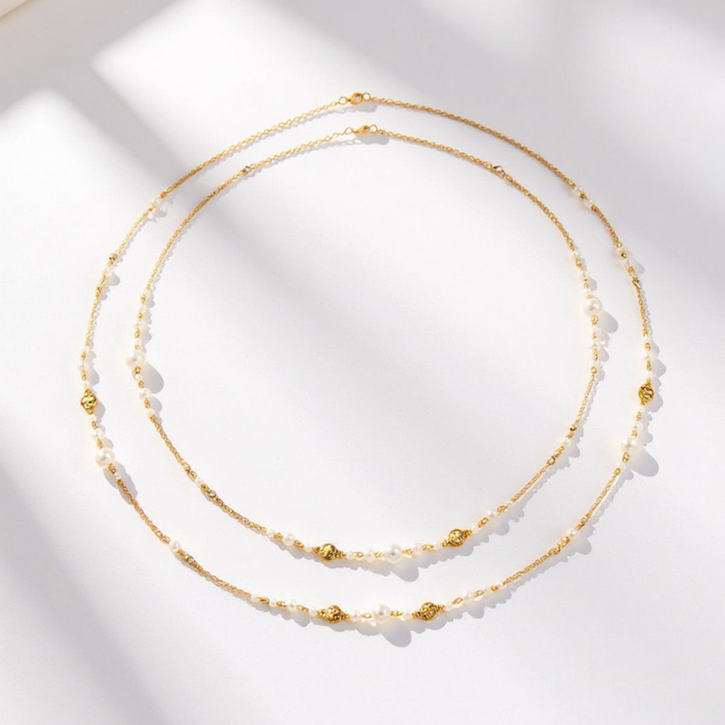 Women's Layered Pearl Beaded Necklace with Gold Filigree Accents 31.5in/39.5in