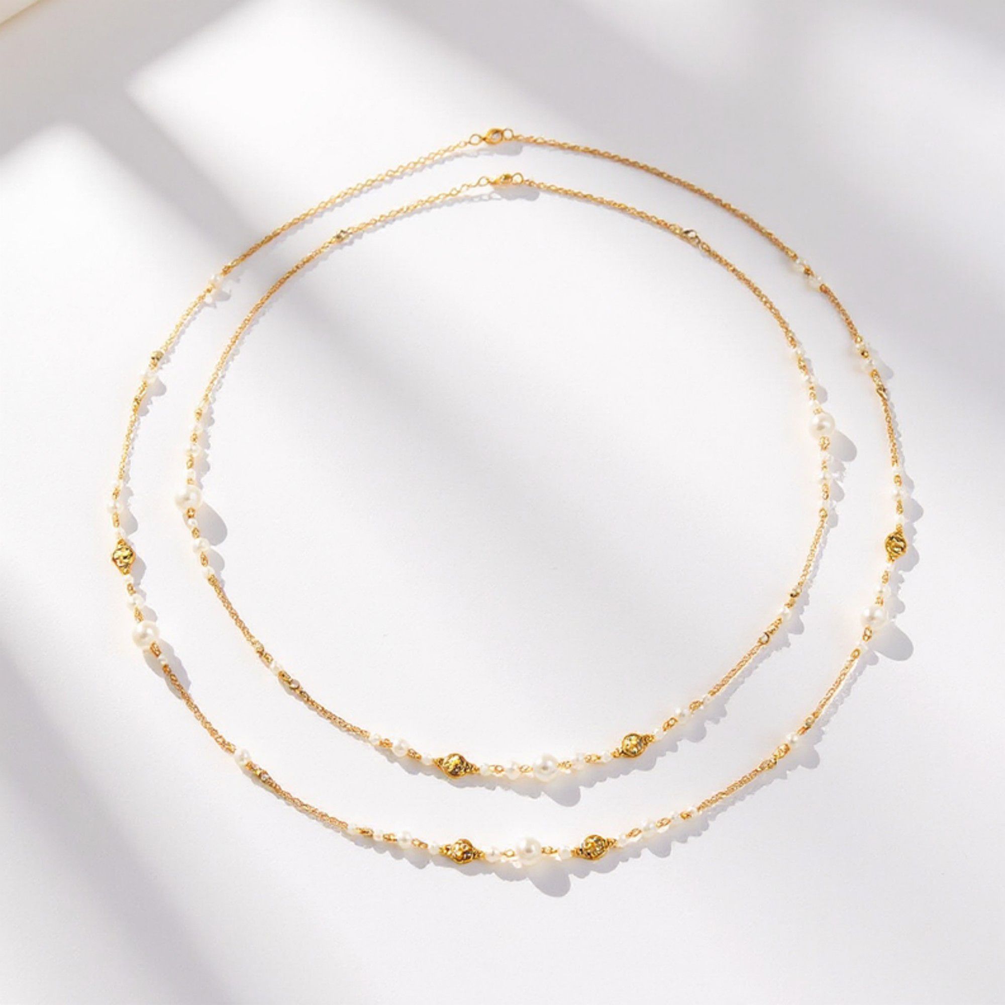Women's Layered Pearl Beaded Necklace with Gold Filigree Accents 31.5in/39.5in
