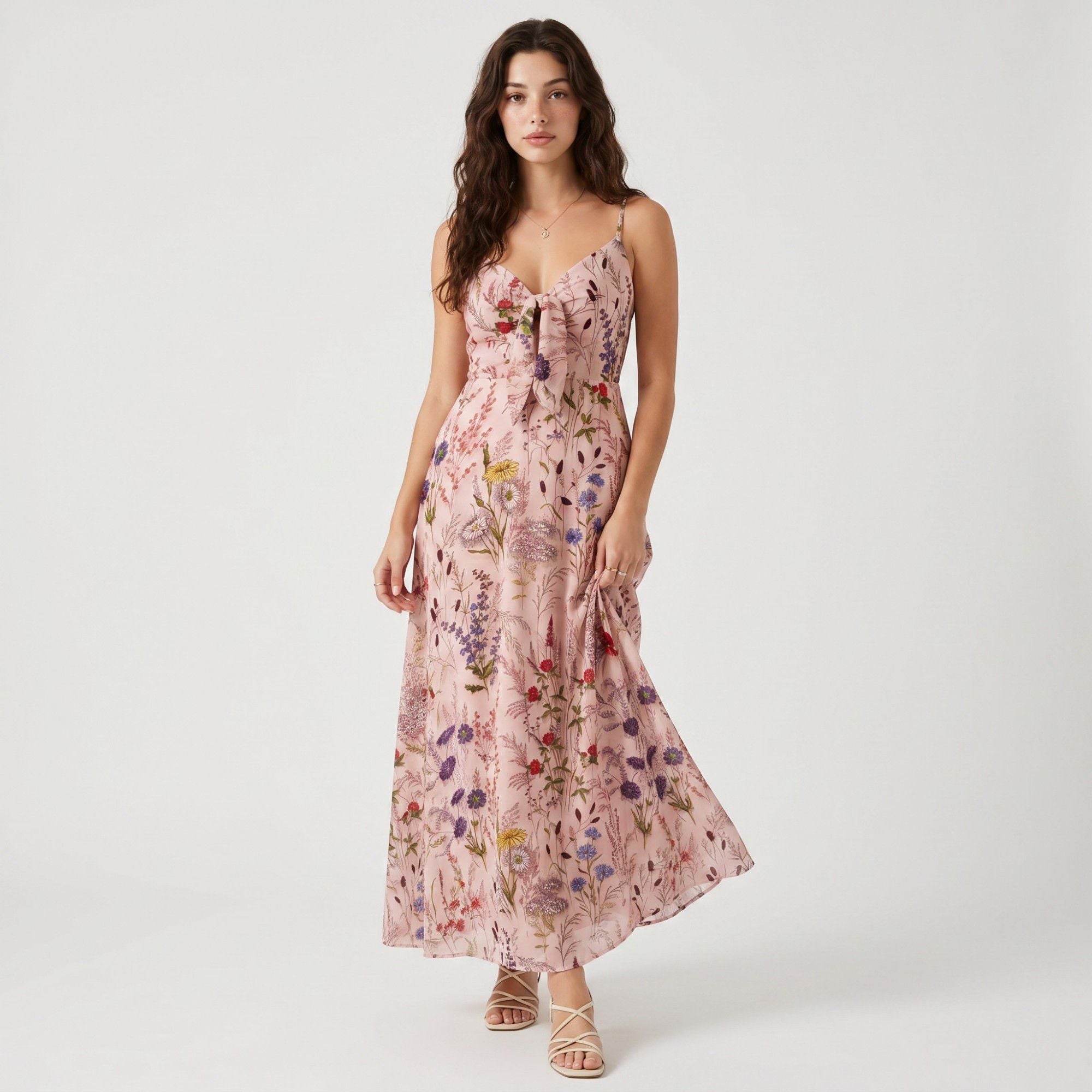 Anna-Kaci Women's Floral Print Tie Front Maxi Dress with Spaghetti Straps and Flowy Skirt