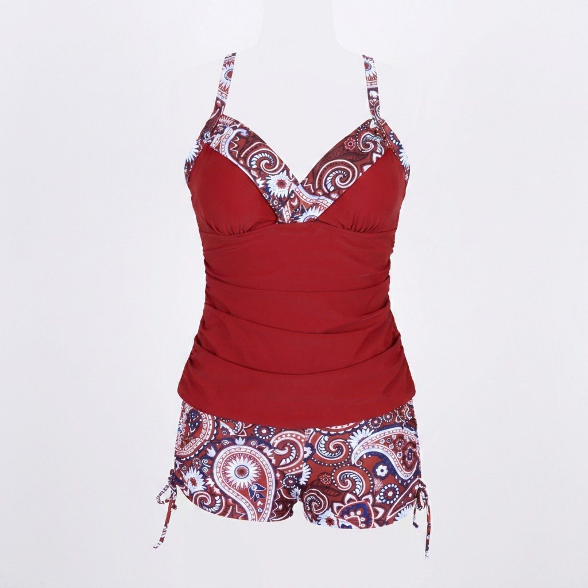 Anna-Kaci Swim Womens 2-Piece Tankini Swimsuit Set with V Neck Swim Top Paisley Trim and Matching Boyshorts