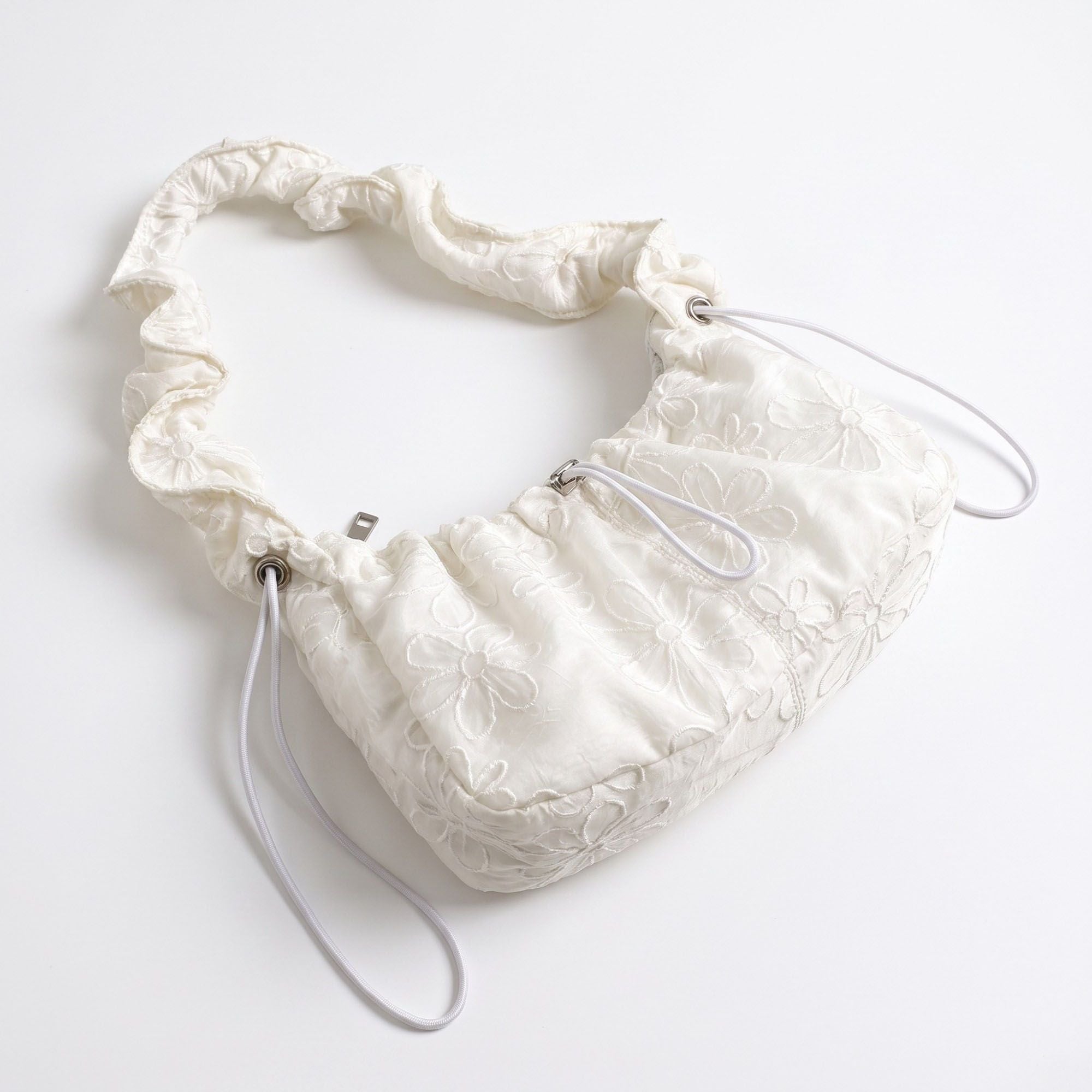 Floral Embroidered Ruched Shoulder Bag with Drawstring Closure 11x8.3x3in
