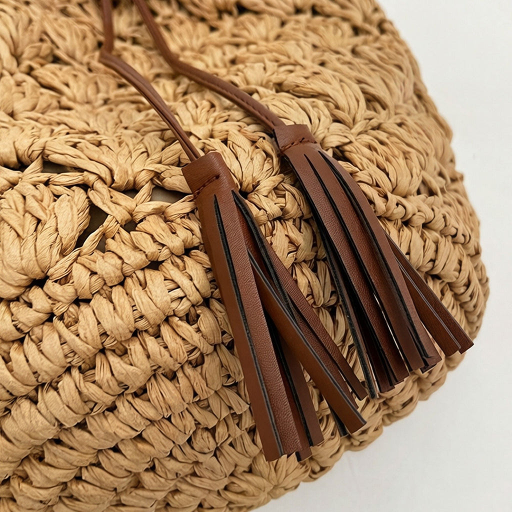 Woven Bucket Shoulder Bag with Drawstring Closure Faux Leather Strap Tassel Detail Lightweight Handbag