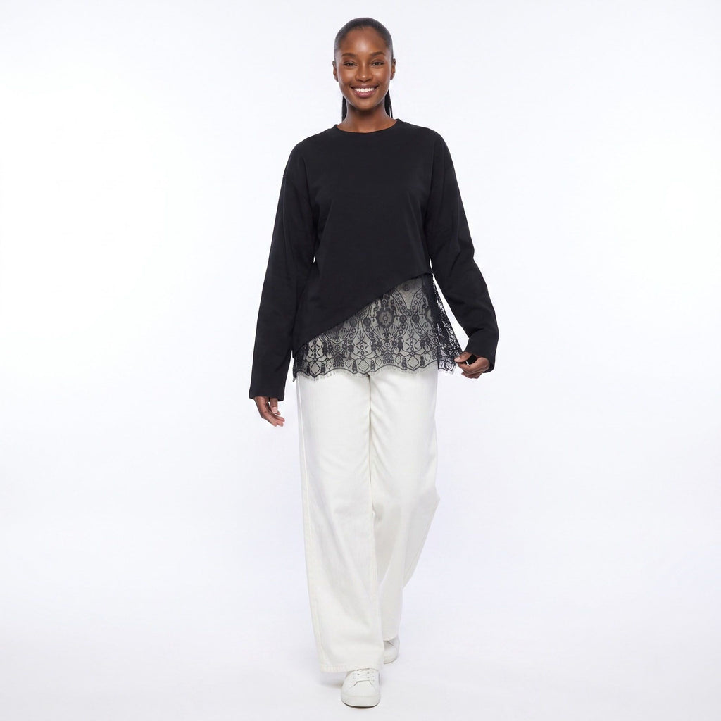 Asymmetrical Lace Hem Long Sleeve Top
