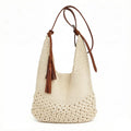 Crochet Hobo Shoulder Bag with Tassel Detail Adjustable Strap Slouchy Knit Handbag Lightweight Casual Tote