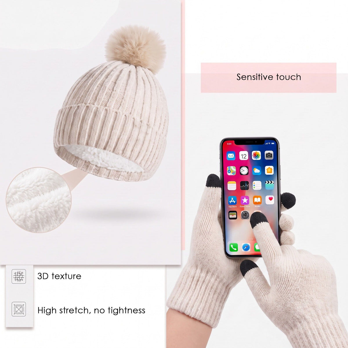 3 Piece Pom Beanie Scarf and Touchscreen Gloves Winter Set