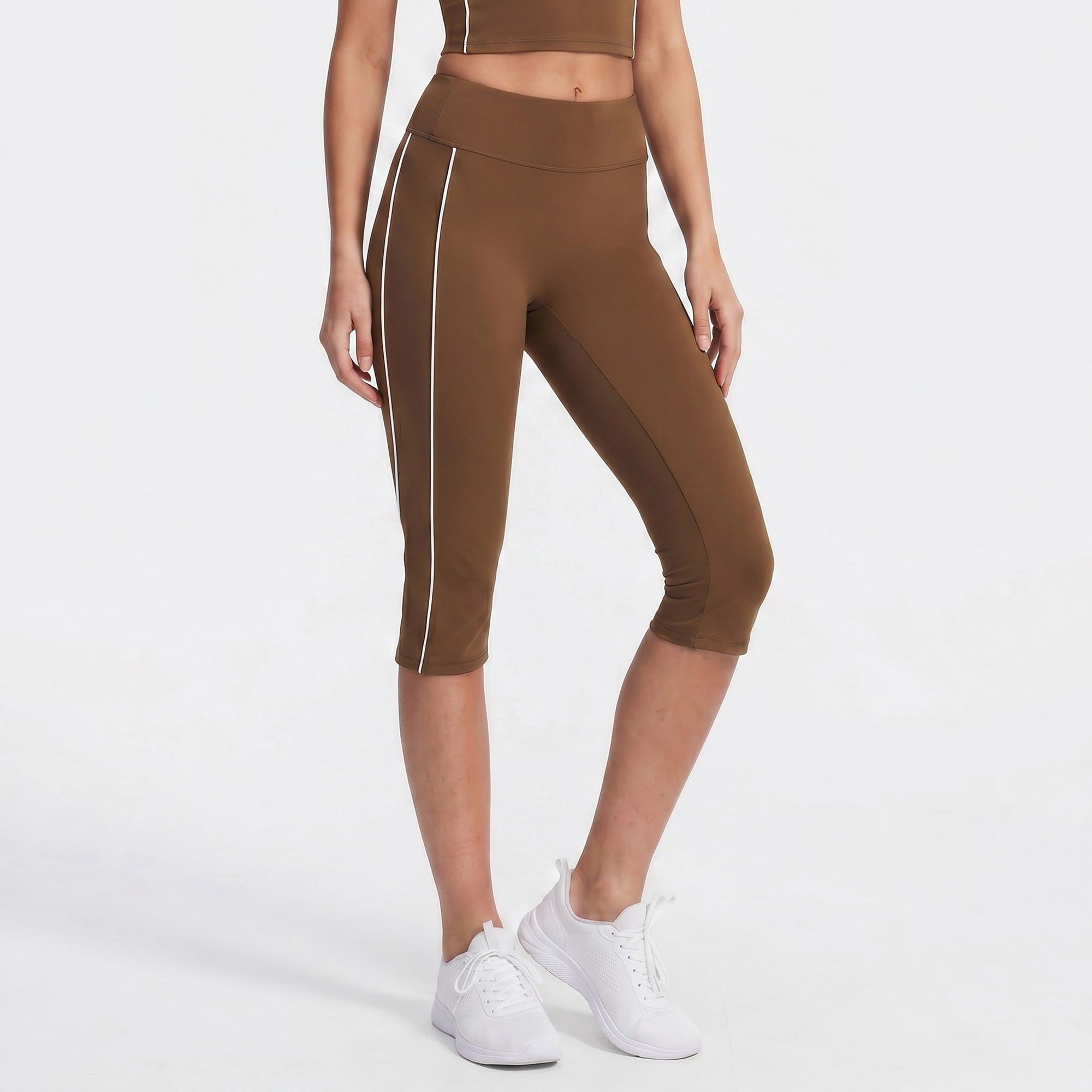 High Waist Side Stripe Capri Leggings Wide Waistband Cropped Workout Yoga Pants