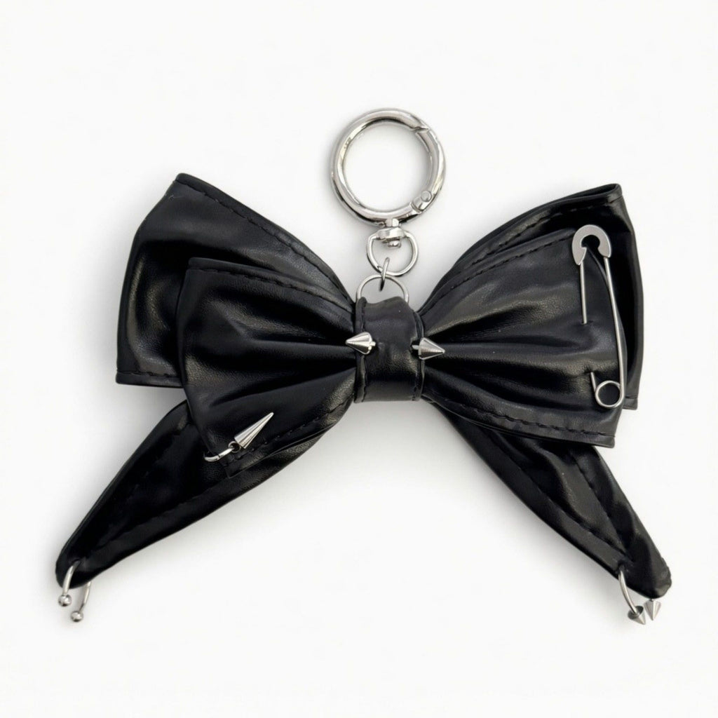 Faux Leather Bow Keychain with Safety Pin Stud Detail Oversized Bow Bag Charm Key Ring Accessory