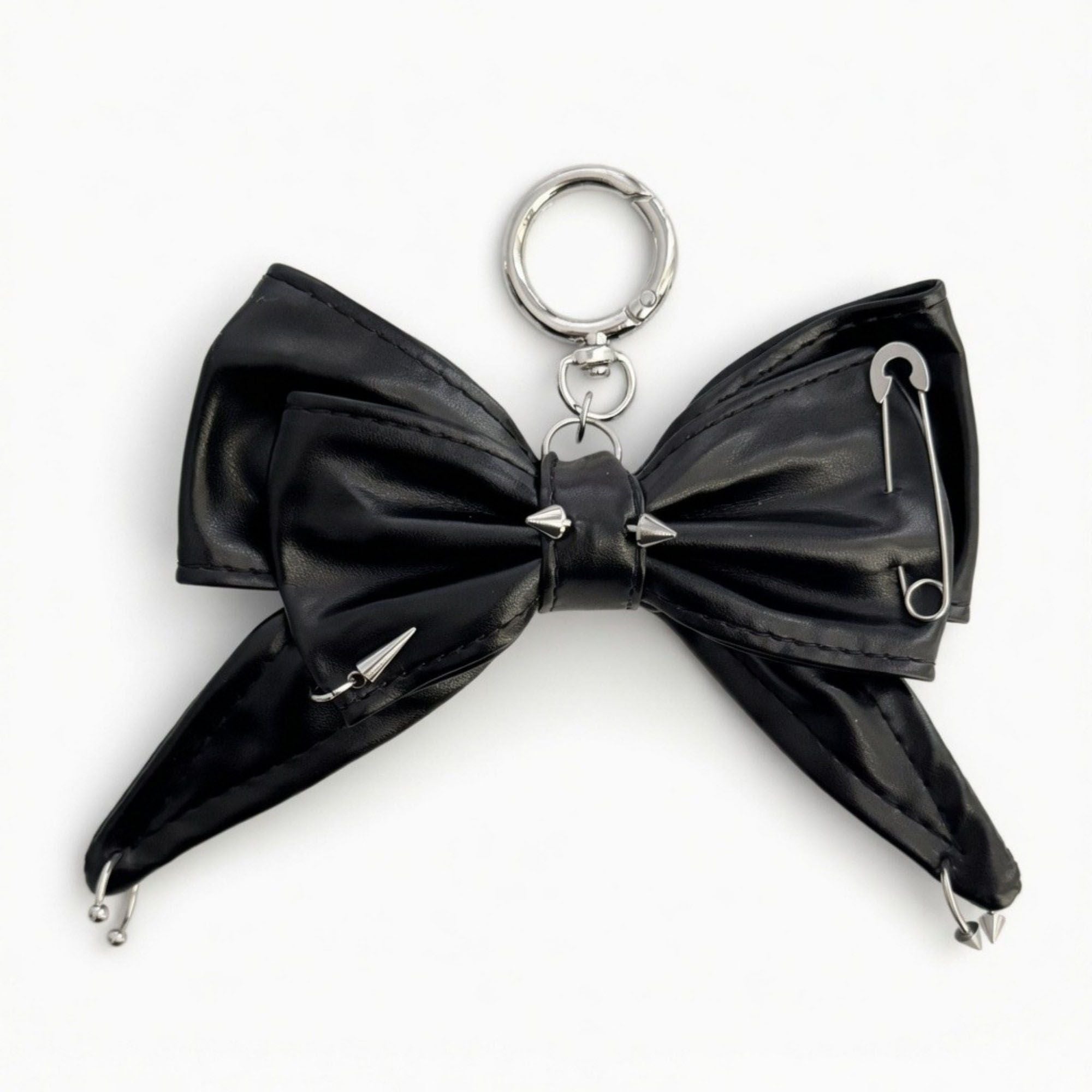 Faux Leather Bow Keychain with Safety Pin Stud Detail Oversized Bow Bag Charm Key Ring Accessory