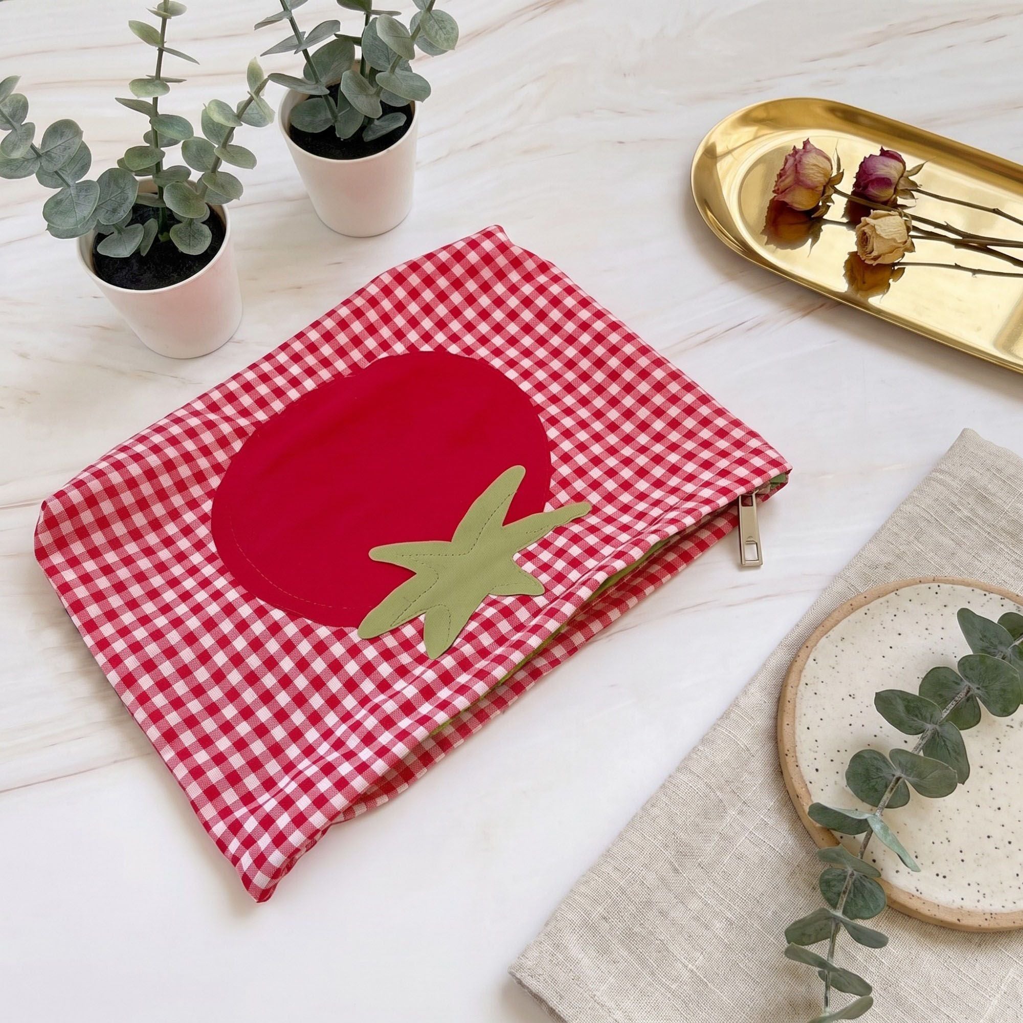 Tomato Applique Gingham Zippered Cosmetic Bag