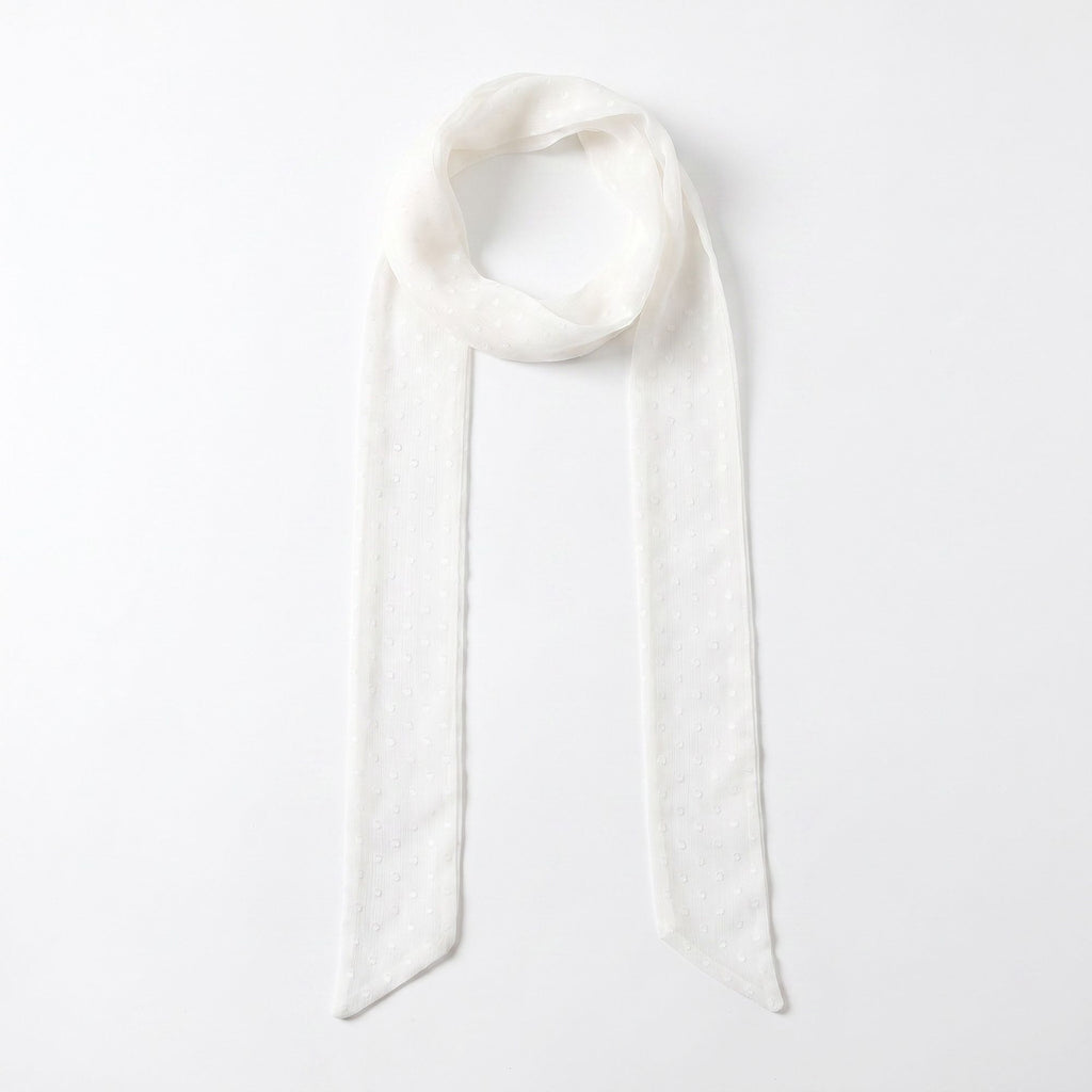 Sheer Skinny Scarf with Flocked Dot Texture and Long Neck Tie Design