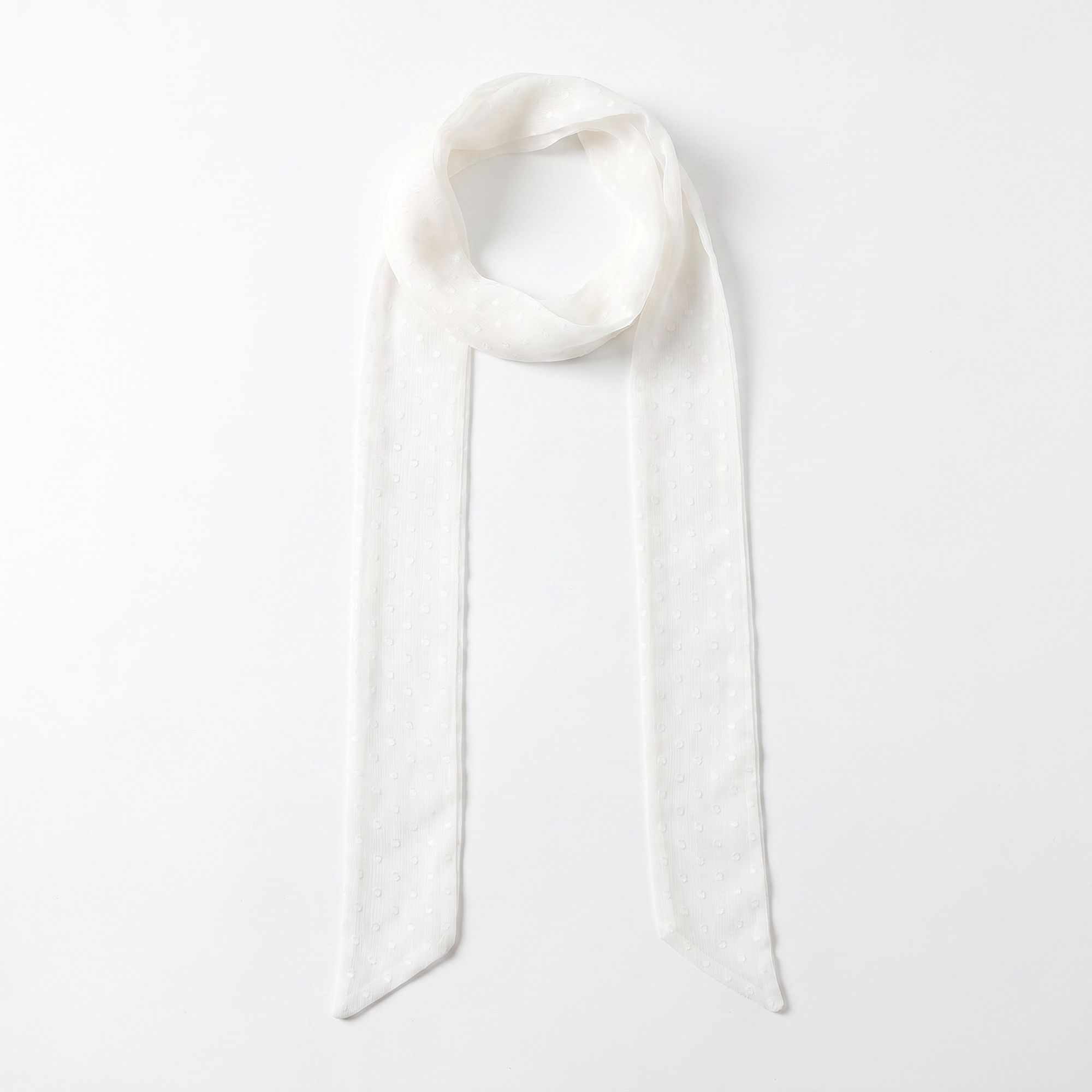 Sheer Skinny Scarf with Flocked Dot Texture and Long Neck Tie Design