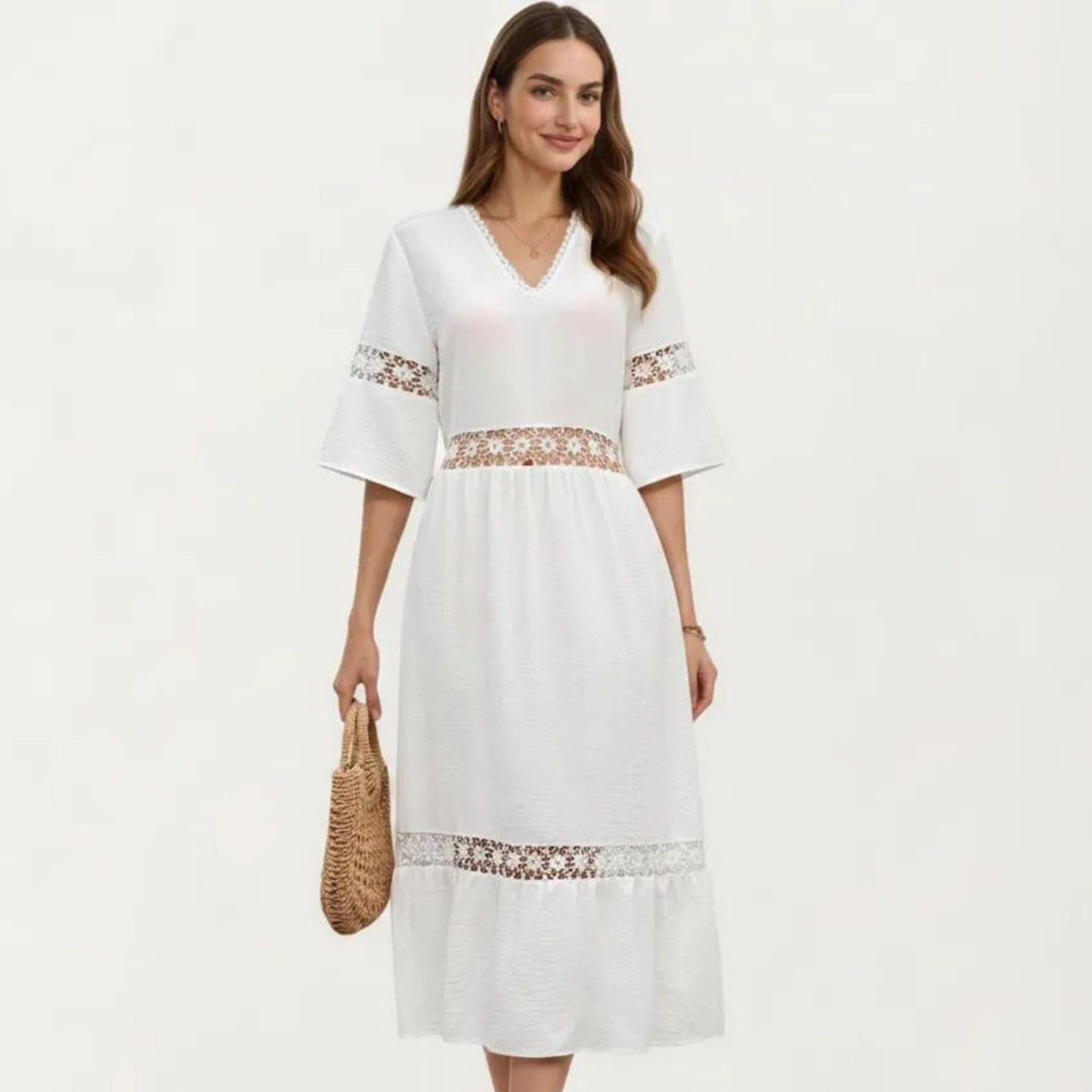 Anna-Kaci Women's V Neck Midi Dress with Lace Trim Paneling and Short Wide Sleeves Flowing Silhouette