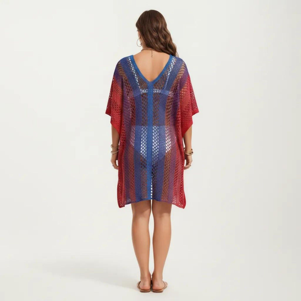 Anna-Kaci Women's Ombre Crochet Swim Cover Up Dress with Open Knit Mesh Design V Neck Short Sleeves Relaxed Fit