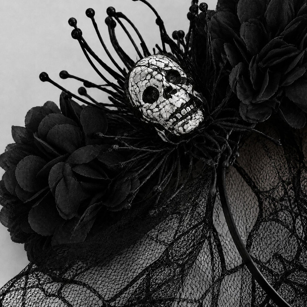 Halloween Floral Skull Headband with Spiderweb Lace Veil