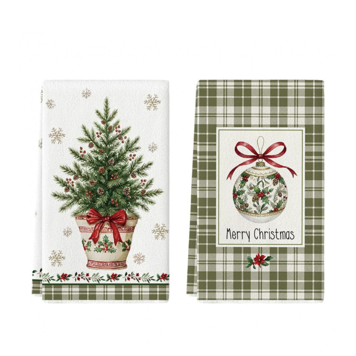 2-Pack Christmas Kitchen Towels 15.7x23.6in, Green Tree & Ornament Microfiber Towels