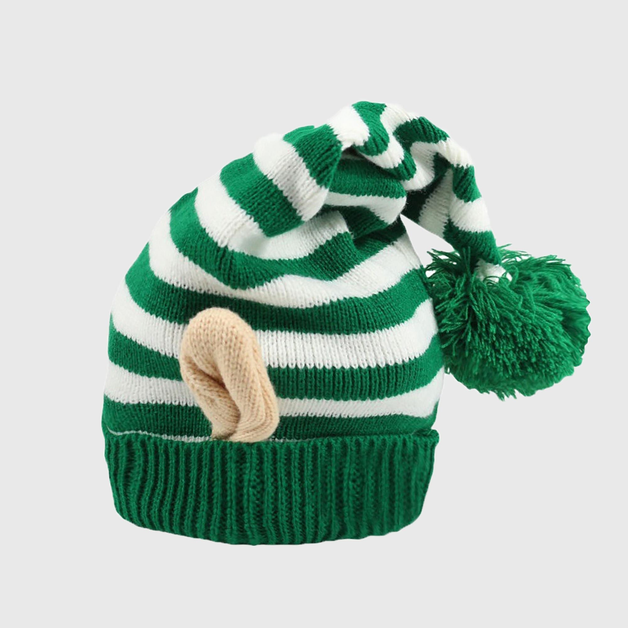 Anna-Kaci Women's Christmas Elf Striped Knit Hat Striped Beanie with Pom-Pom & Elf Ears for Holiday Parties & Festive Decor