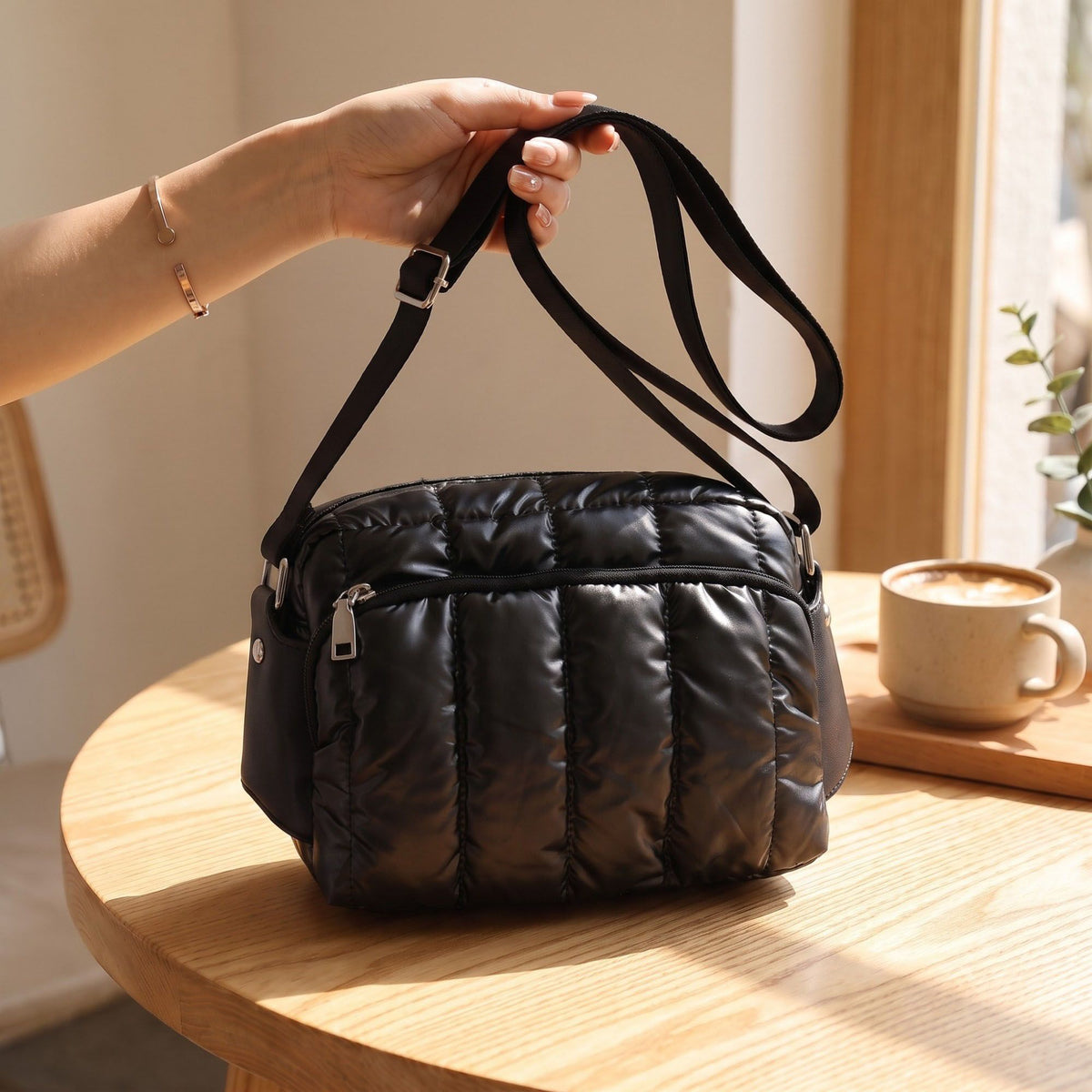 Quilted Crossbody Bag Adjustable Strap Front Zip Pocket Shoulder Bag