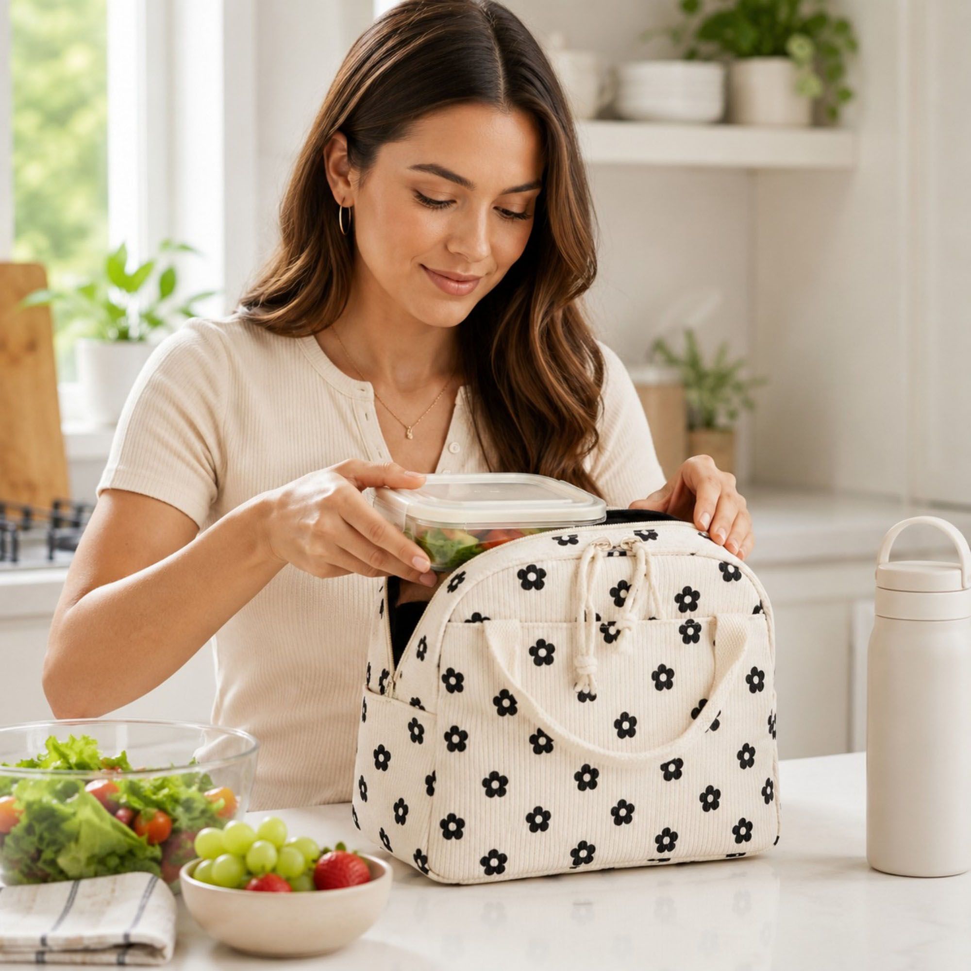 Strawberry Print Corduroy Insulated Lunch Bag with Handles and Zip Closure