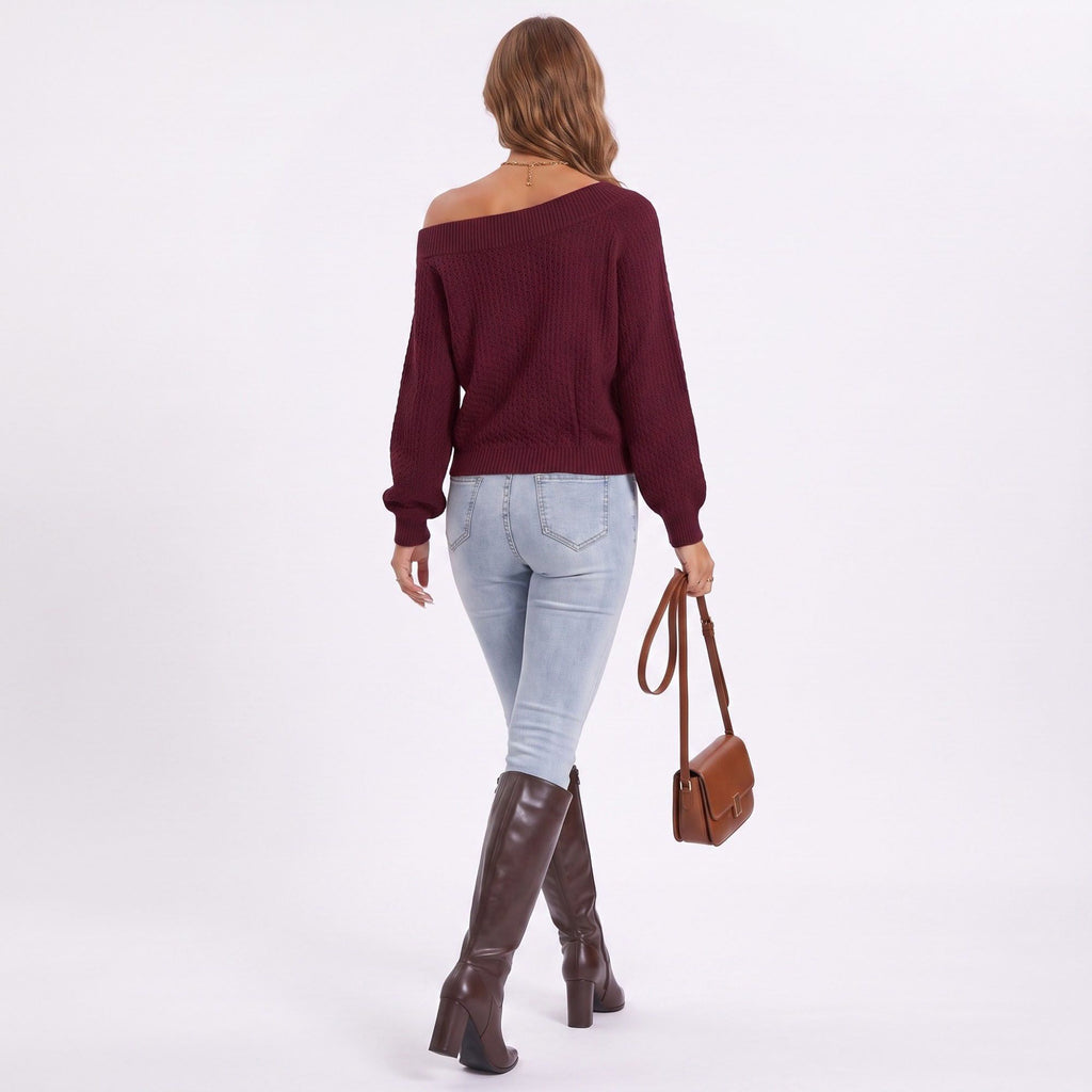 Off Shoulder Front Twist Knit Long Sleeve Sweater