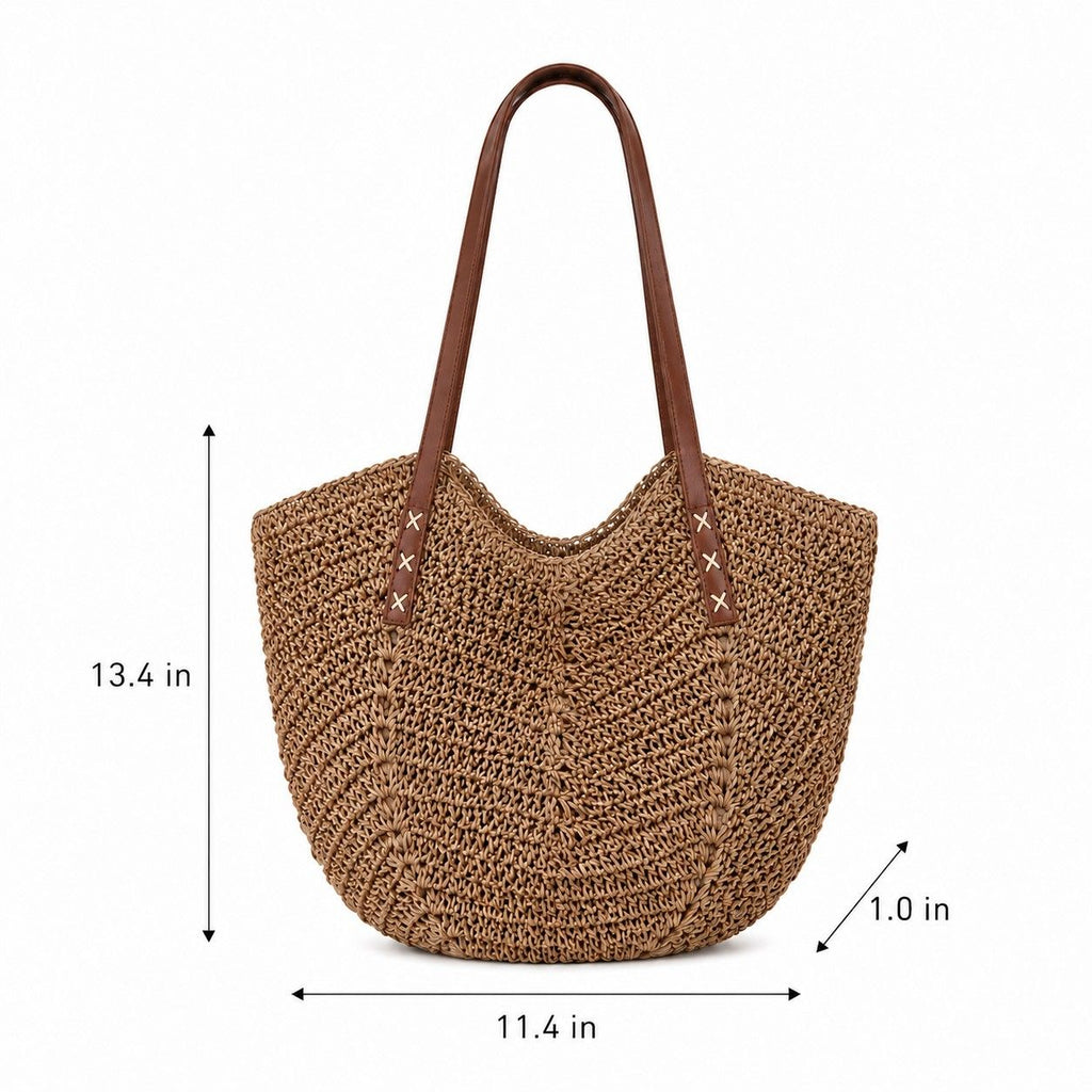 Woven Straw Tote Bag Large Capacity Shoulder Handbag Vacation Beach Everyday Carryall
