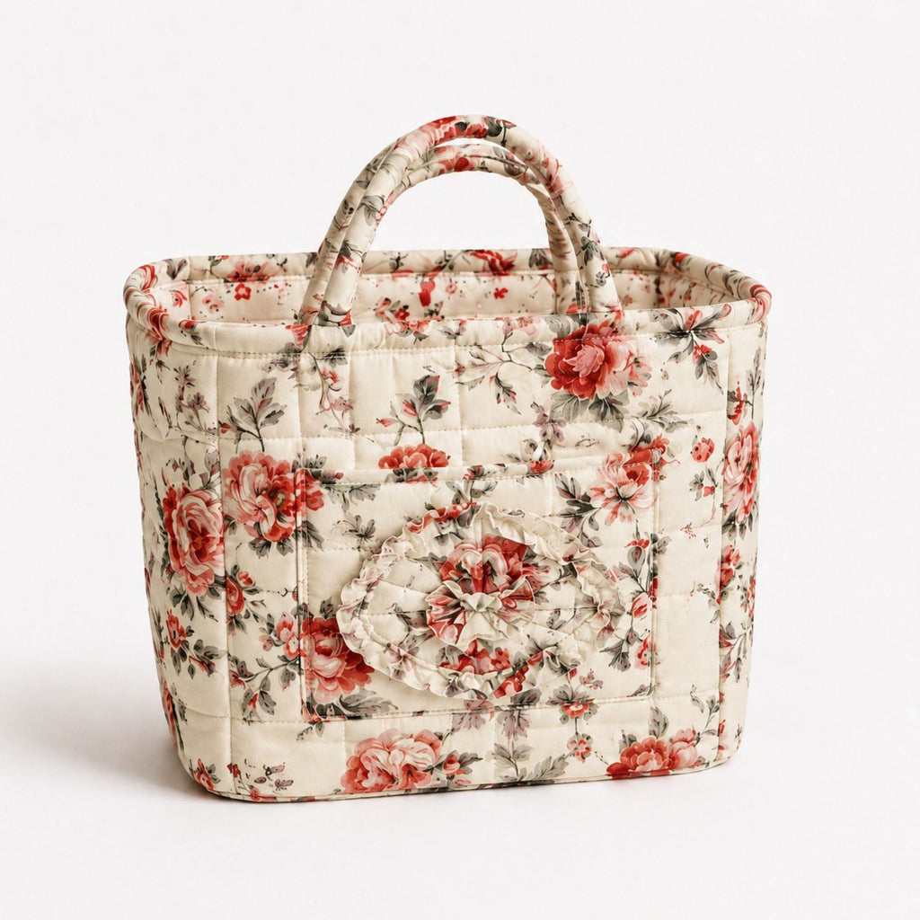 Quilted Floral Storage Caddy with Handles for Vanity Dorm Bathroom and Laundry Room