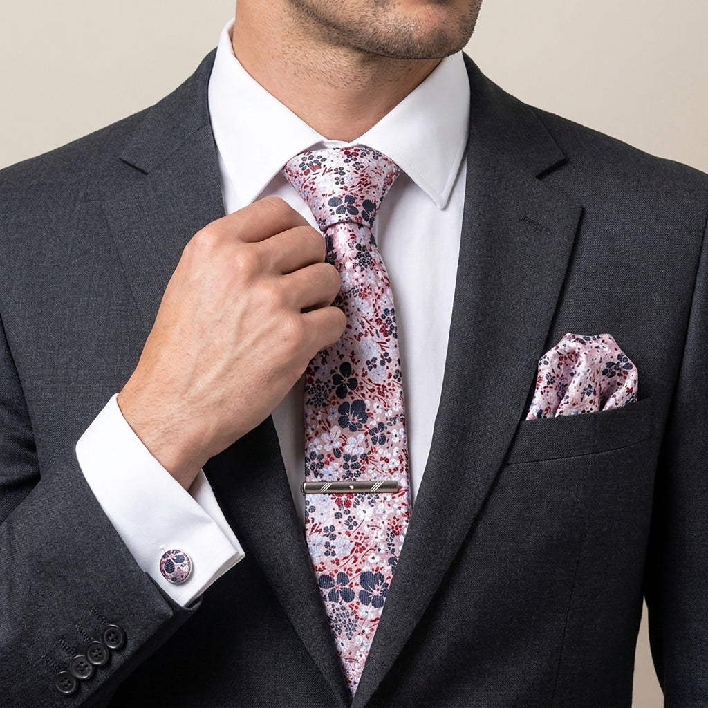 Men's Rose Floral Tie Gift Set with Matching Pocket Square Cufflinks and Silver Tie Clip