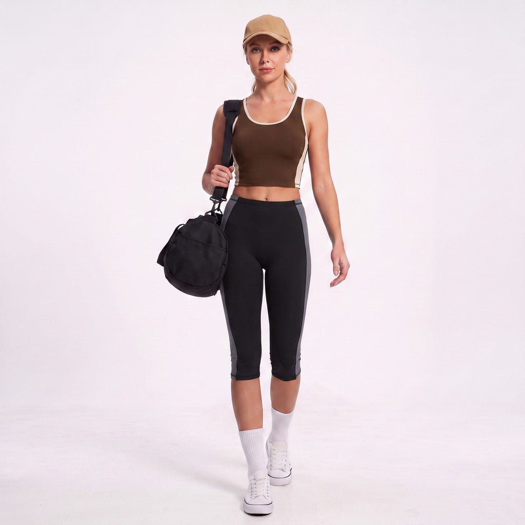 Colorblock High Waist Capri Leggings Fitted Cropped Yoga Pants for Running Gym Training