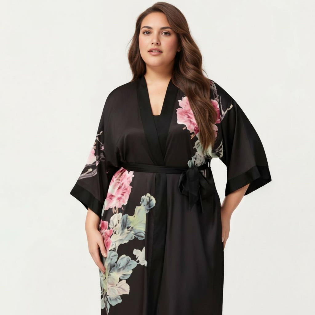 Anna-Kaci Lounge Women's Plus Size 2-Piece Floral Kimono Robe Set with Short Sleeve Open Front Longline Cover Up and Matching Inner Dress