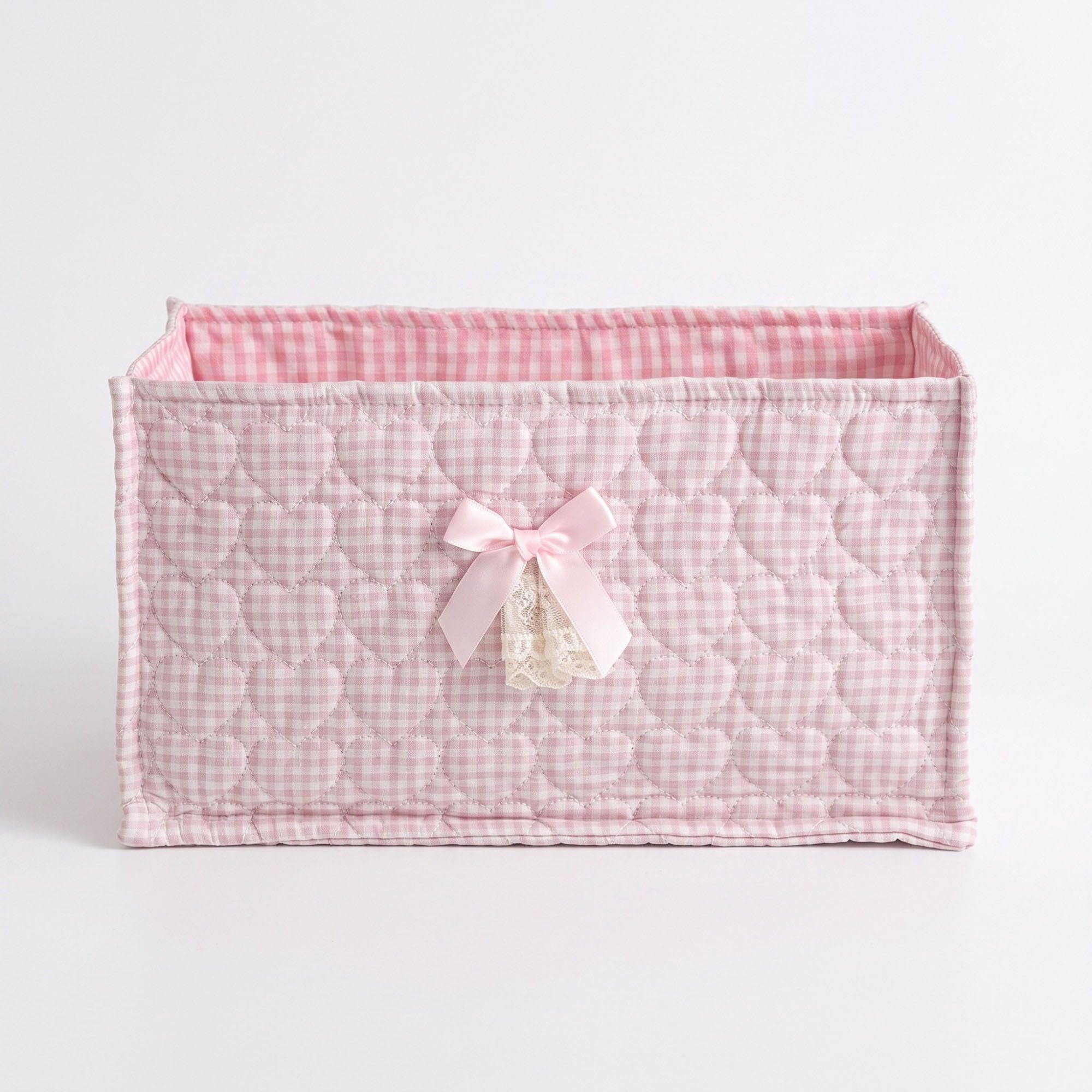 Cesto de Almacenamiento Rectangular Acolchado con Corazón, Cuadros Vichy, Moño y Encaje