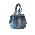 Embroidered Cherry Denim Drawstring Bag with Fixed Shoulder Strap