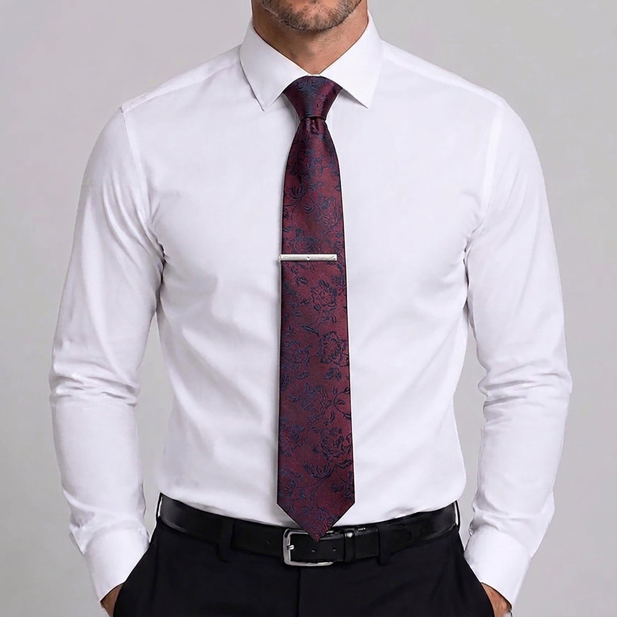 Men's Rose Floral Tie Gift Set with Matching Pocket Square Cufflinks and Silver Tie Clip