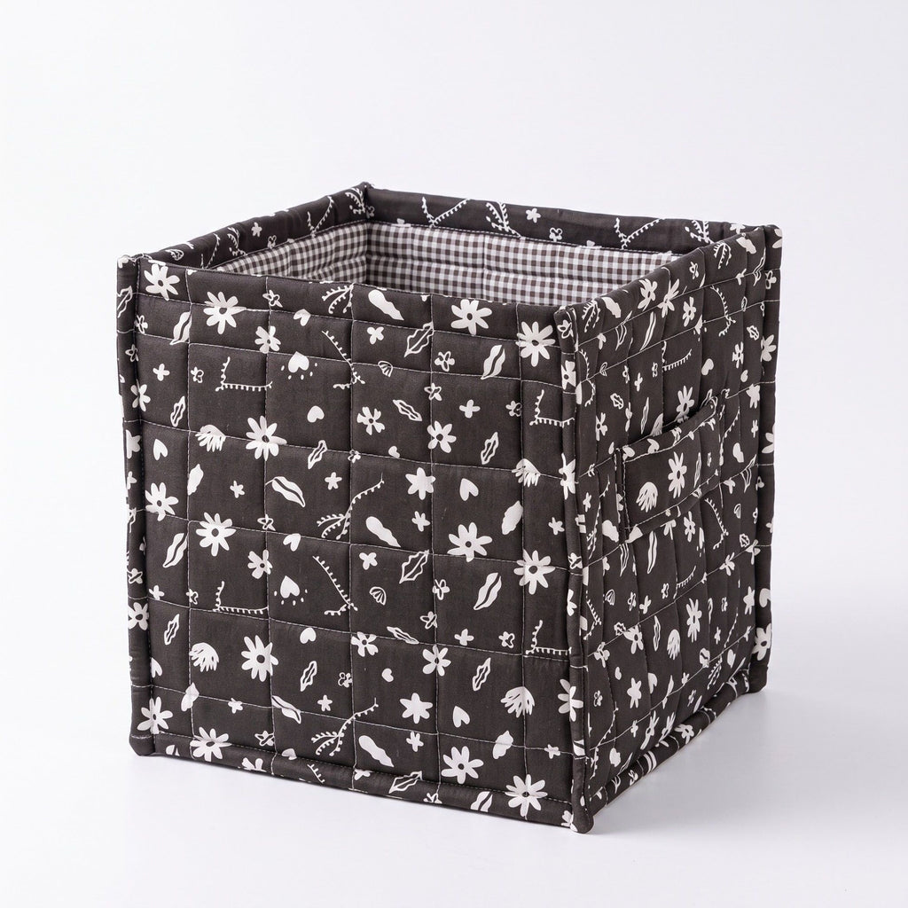 Quilted Floral Storage Cube Bin with Side Handle 11.4 Inch