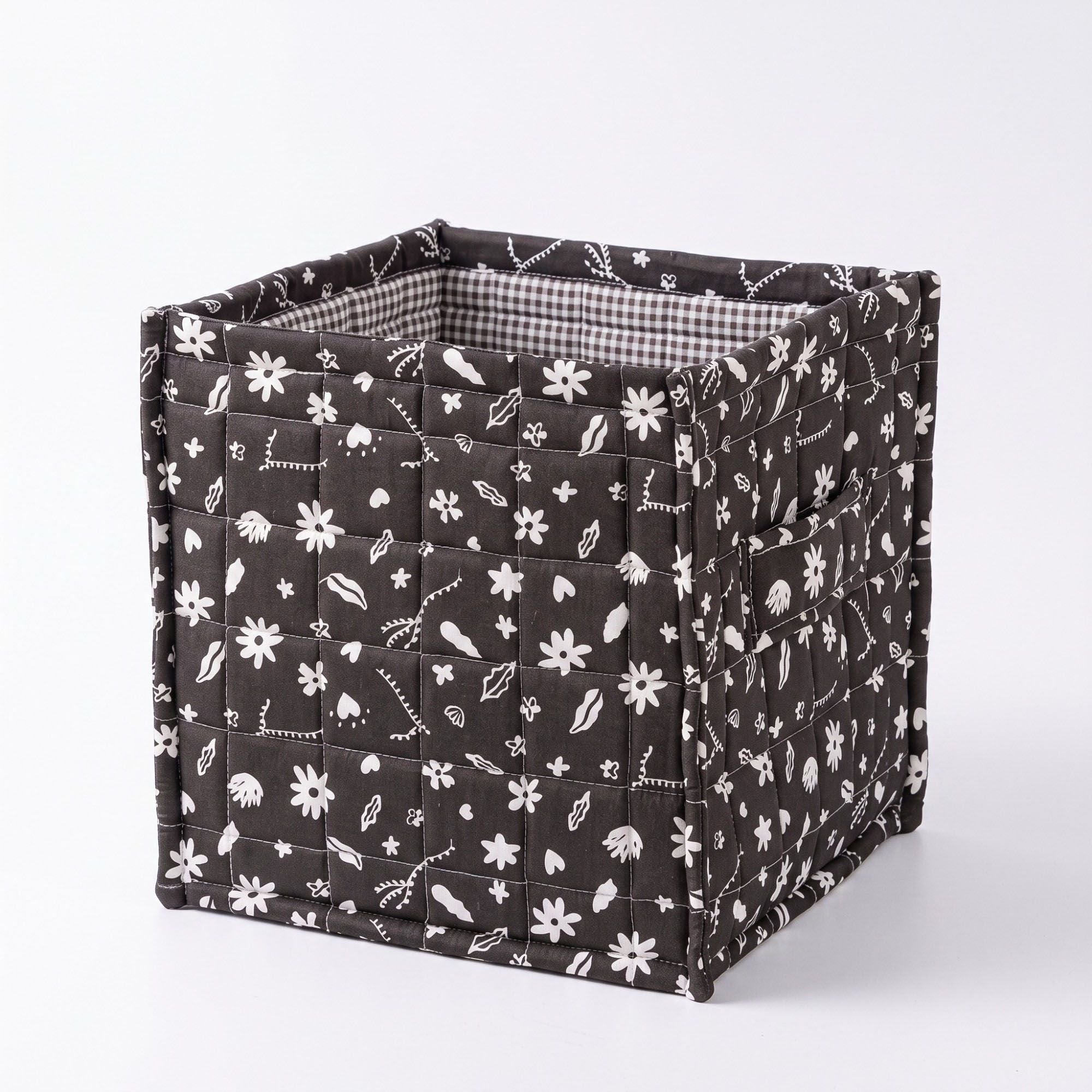Quilted Floral Storage Cube Bin with Side Handle 11.4 Inch