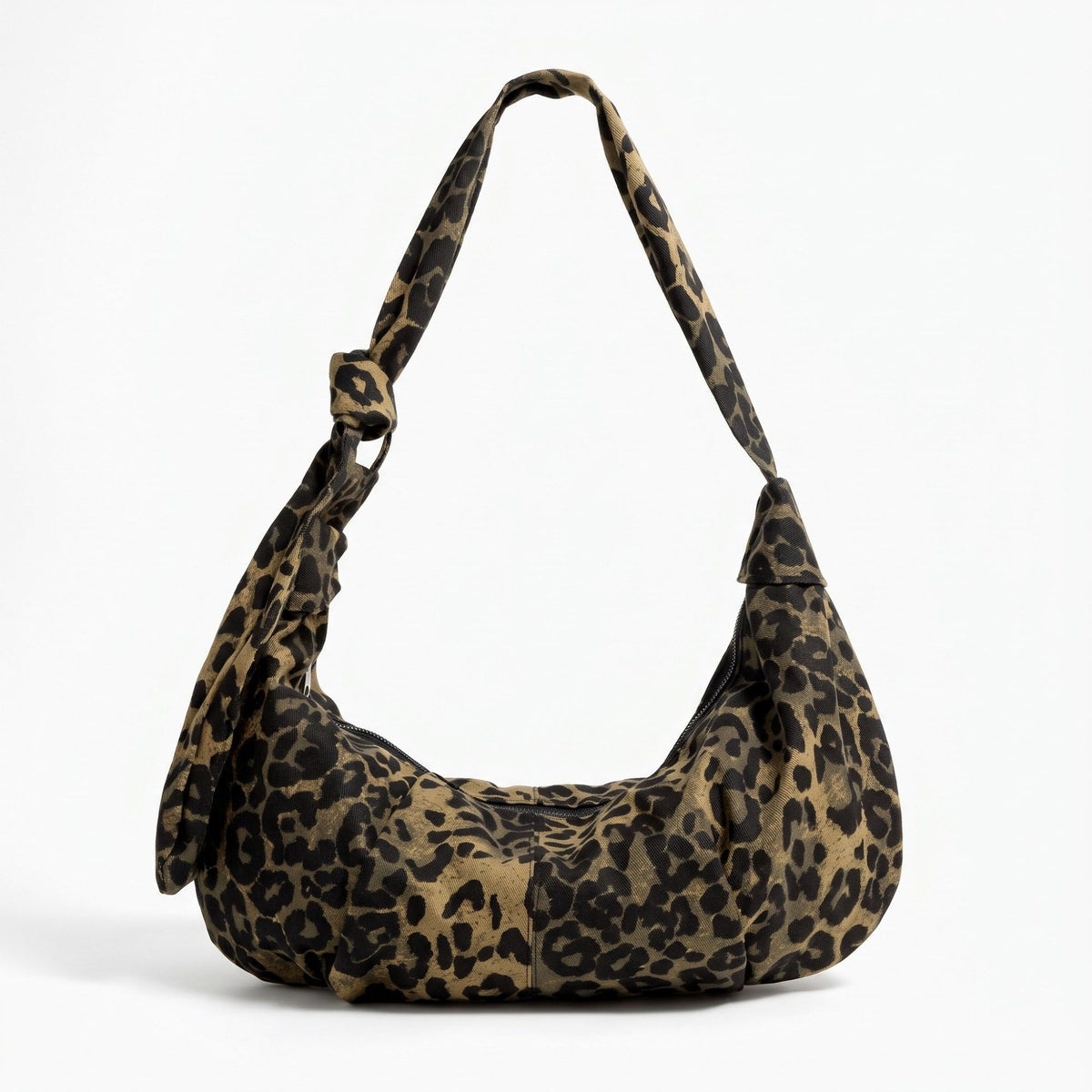 Leopard Print Shoulder Bag with Knotted Strap and Zipper Closure