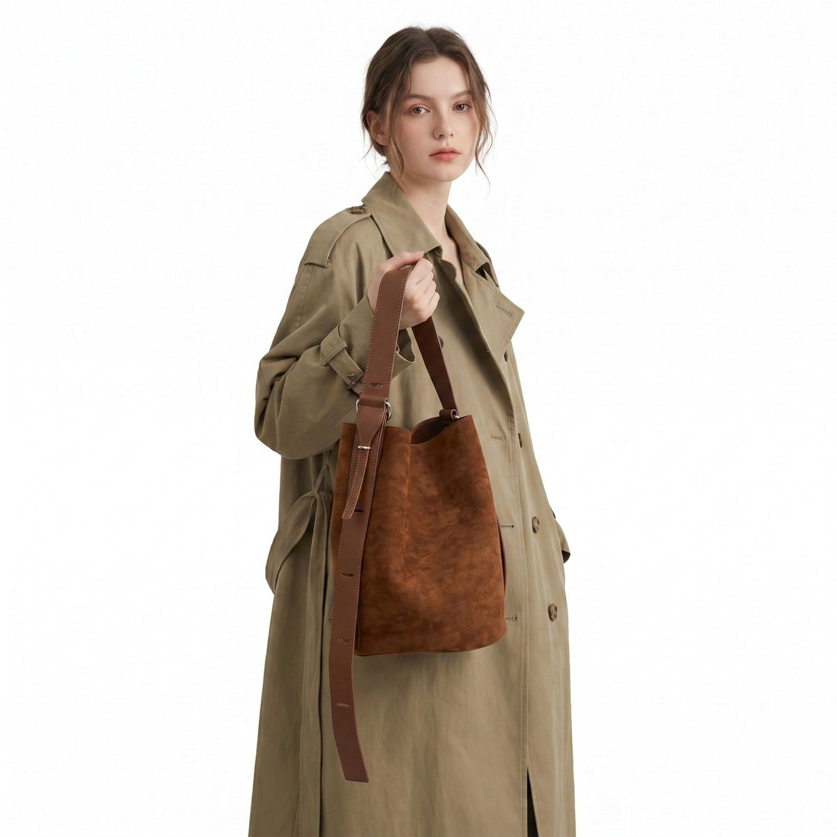 Suede Look Bucket Shoulder Bag with Adjustable Wide Strap