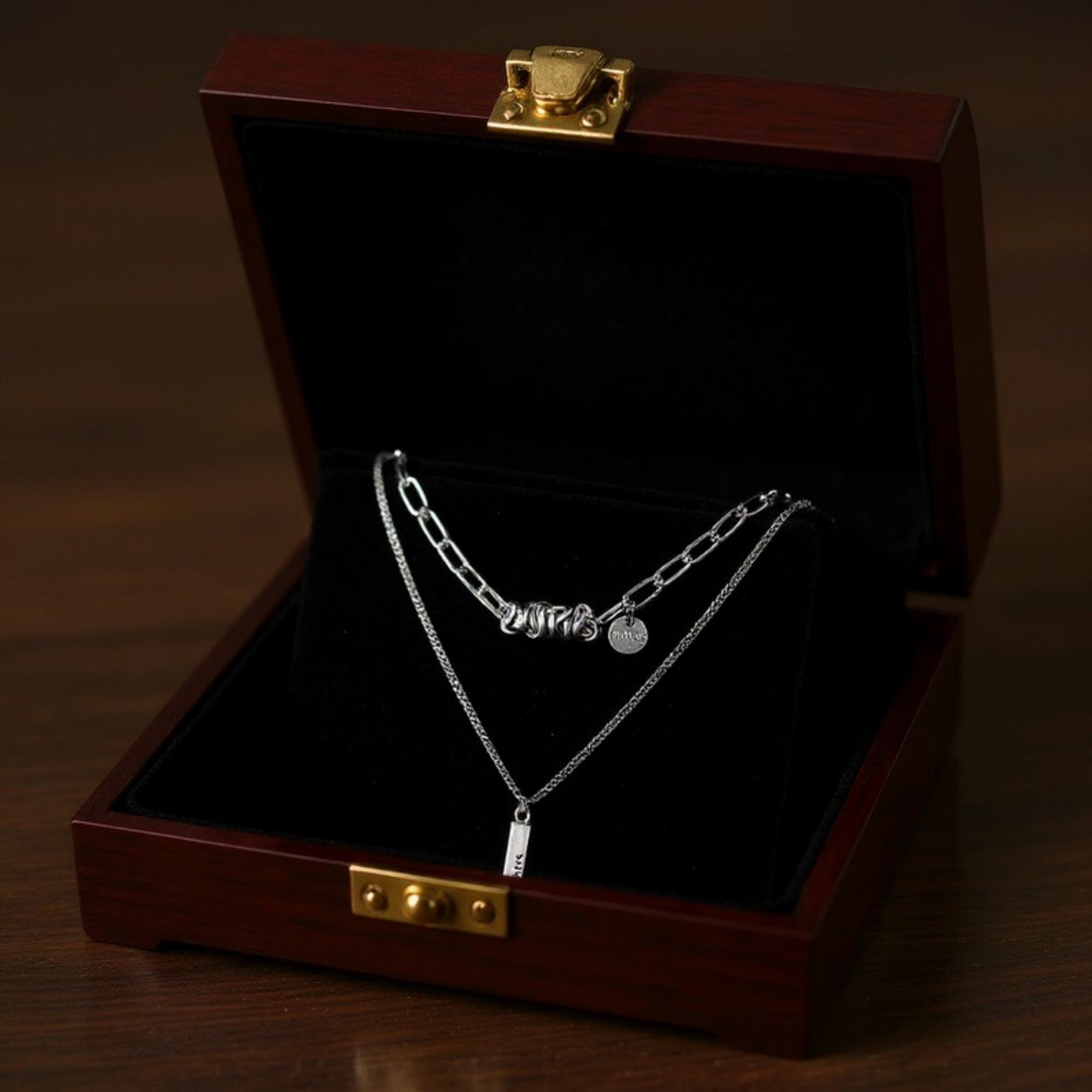 Women's Layered Chain Necklace with Engraved Dreams Pendant and Link Chain Design