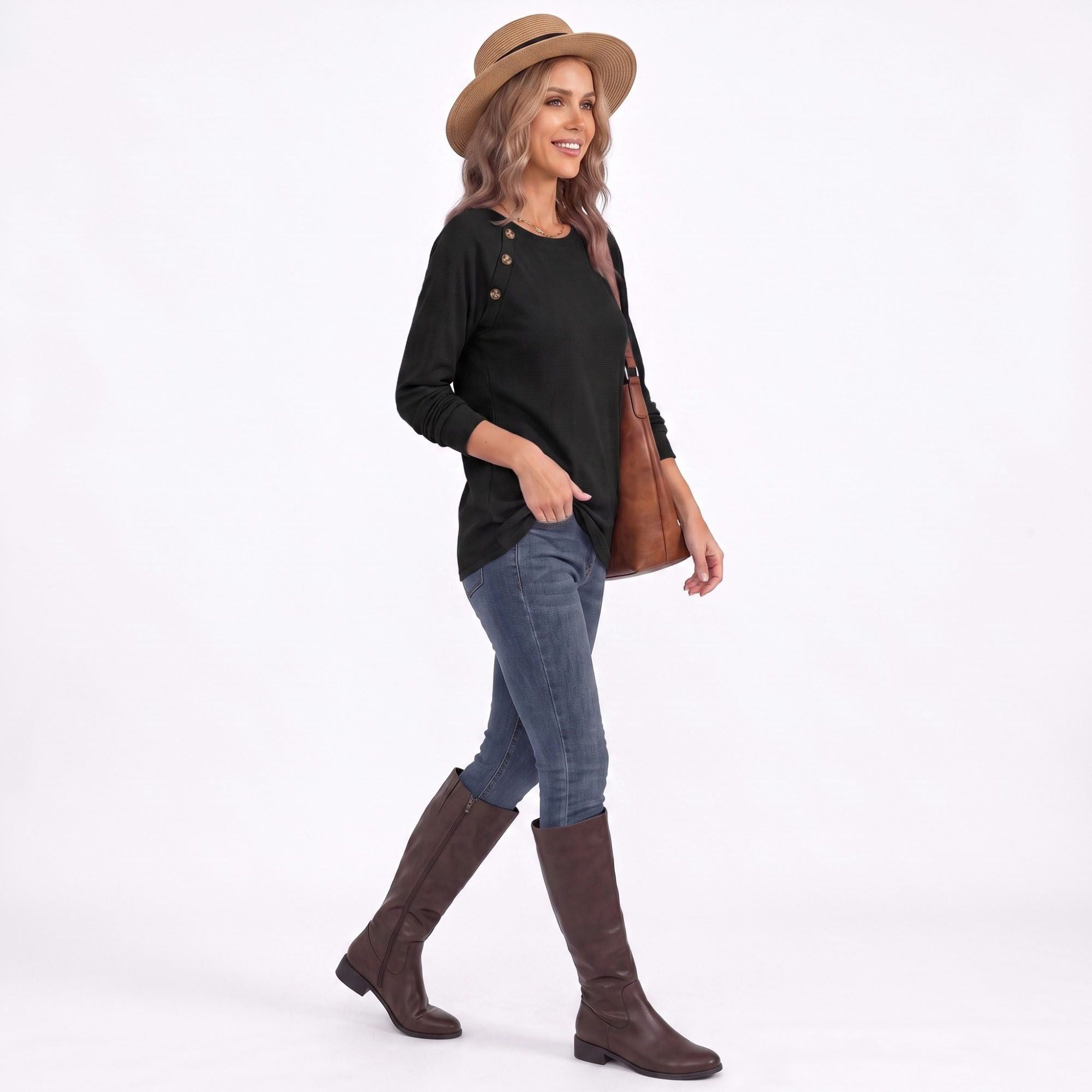 Waffle Knit Button Shoulder Raglan Long Sleeve Top