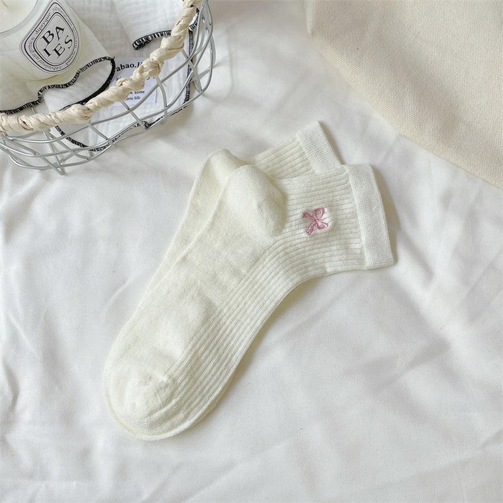 Anna-Kaci Women's Summer Ribbed Ankle Socks with Bow Embroidery